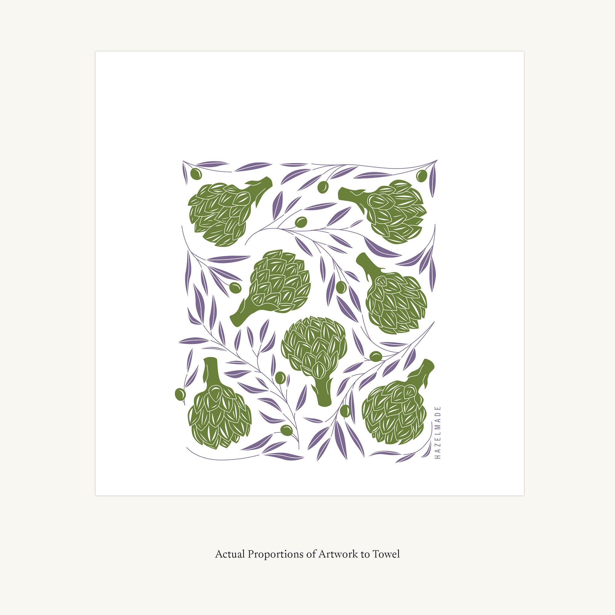 Flat view of the Artichokes + Olives Tea Towel showing the full hand-illustrated artichoke and olive design and overall design proportions