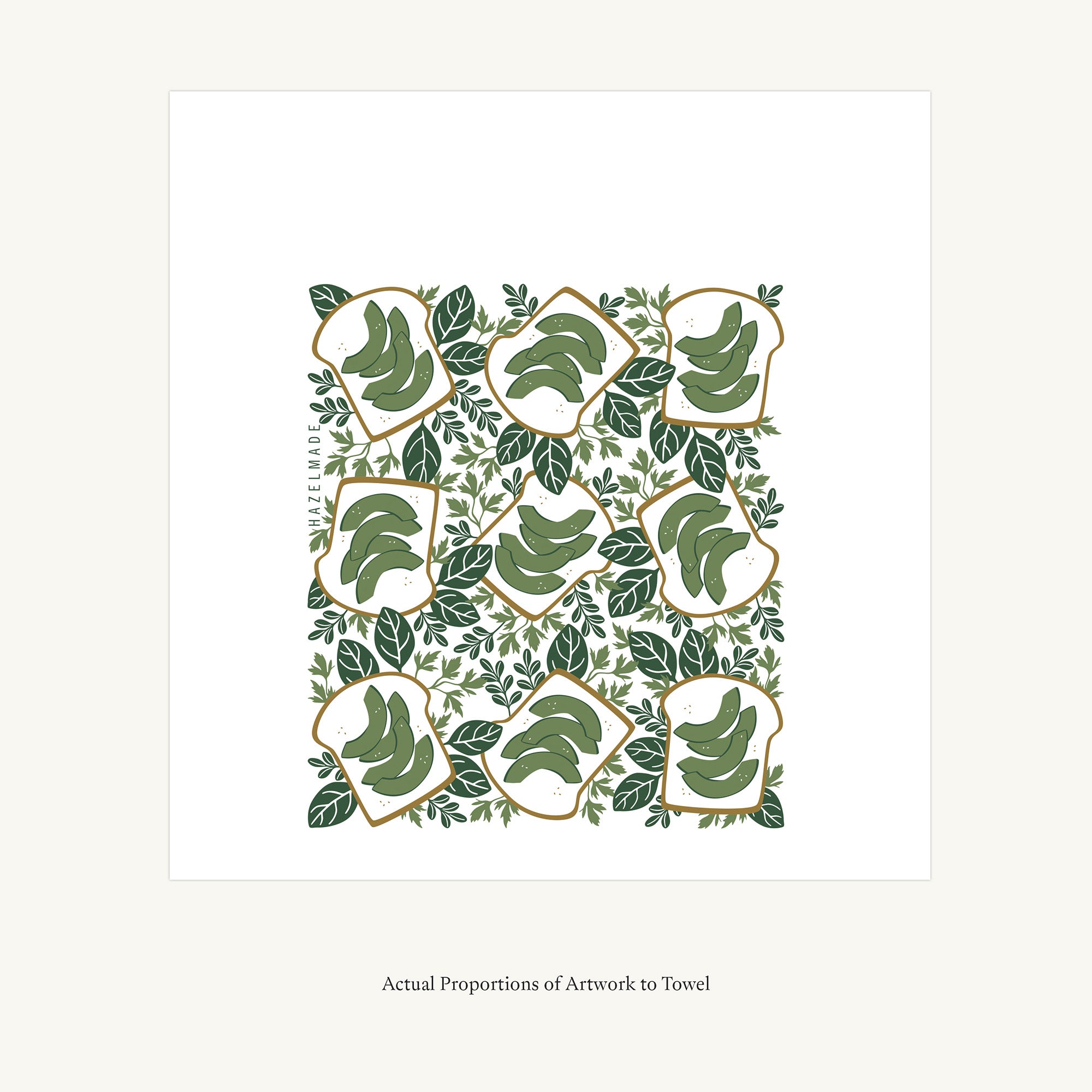Flat view of the Avocado Toast Tea Towel showing the full hand-illustrated avocado toast design and overall design proportions