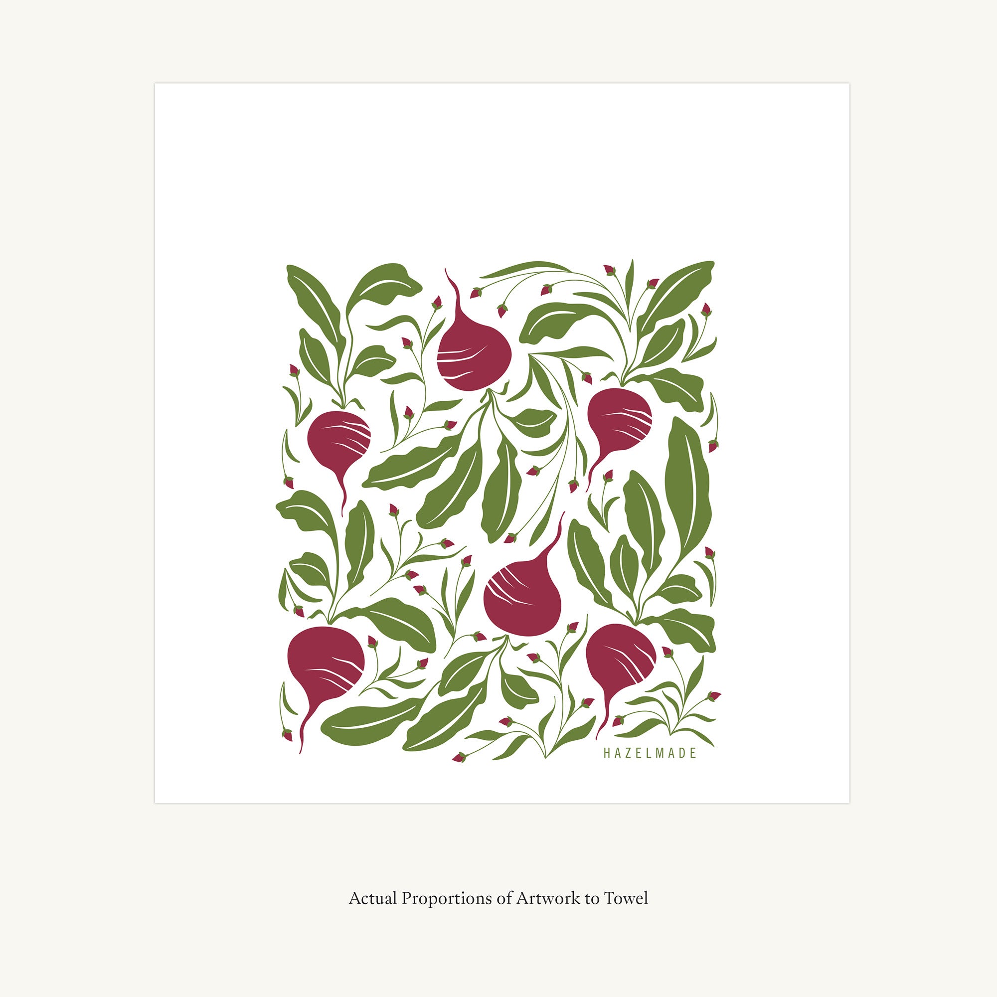 Flat view of the Beets Tea Towel showing the full hand-illustrated beet design and overall design proportions