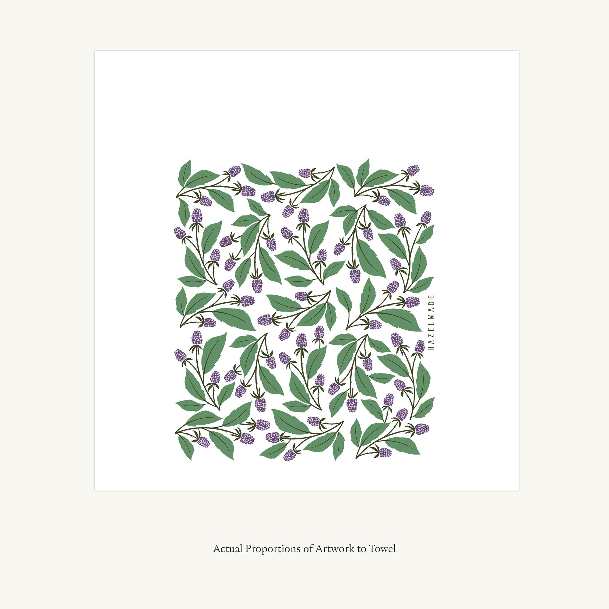Flat view of the Blackberry Vines Tea Towel showing the full hand-illustrated blackberry vine design and overall design proportions