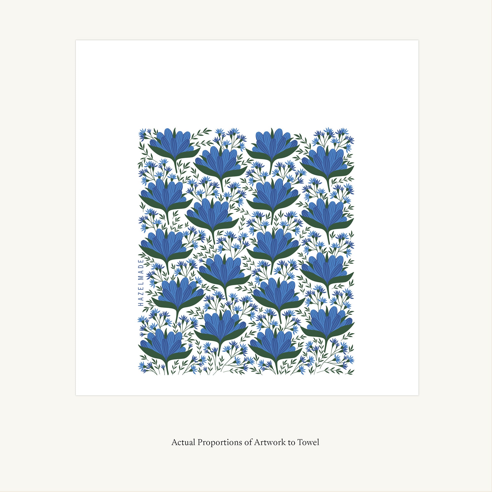 Flat view of the Blue Gentian Tea Towel showing the full hand-illustrated blue floral design and overall design proportions