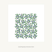 Flat view of the Blueberry Bushel Tea Towel showing the full hand-illustrated blueberry design and overall design proportions