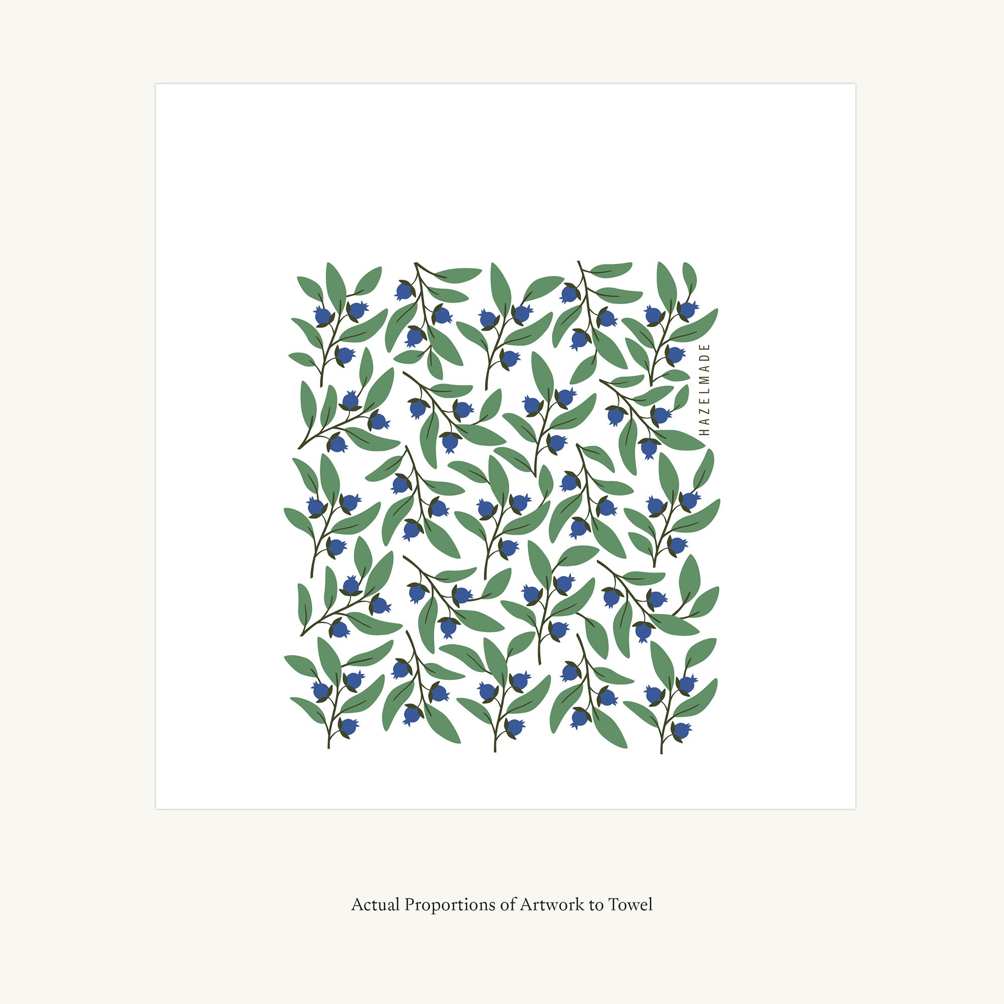 Flat view of the Blueberry Bushel Tea Towel showing the full hand-illustrated blueberry design and overall design proportions