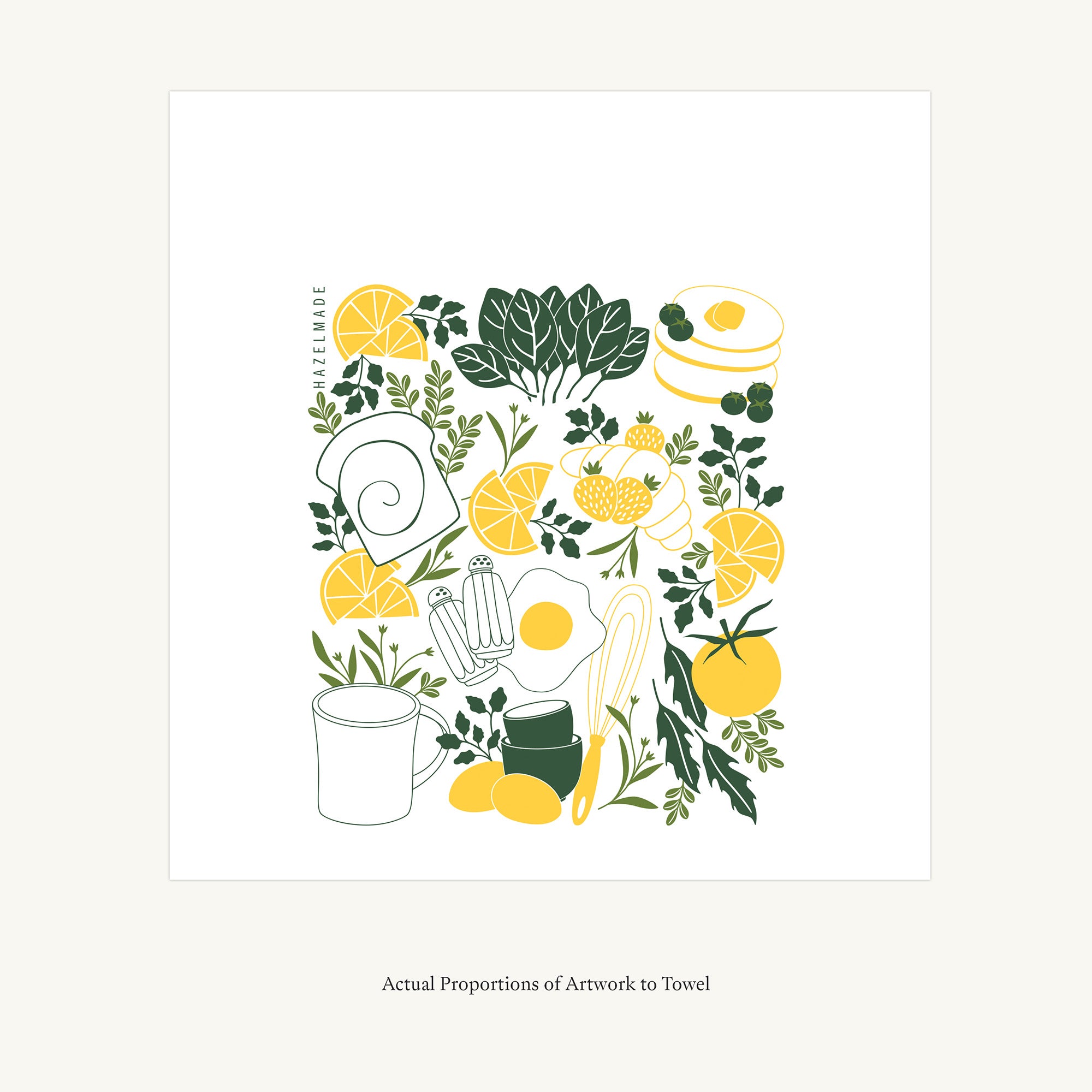 Flat view of the Breakfast Diner Tea Towel showing the full hand-illustrated breakfast food design and overall design proportions
