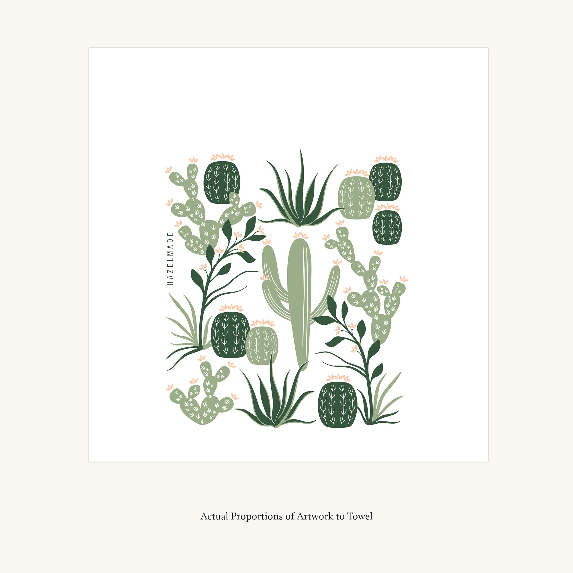 Flat view of the Cactus Tea Towel showing the full hand-illustrated cactus design and overall design proportions