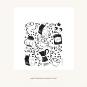 Flat view of the Coffee + Milk Tea Towel showing the full hand-illustrated coffee and milk pattern and overall design proportions