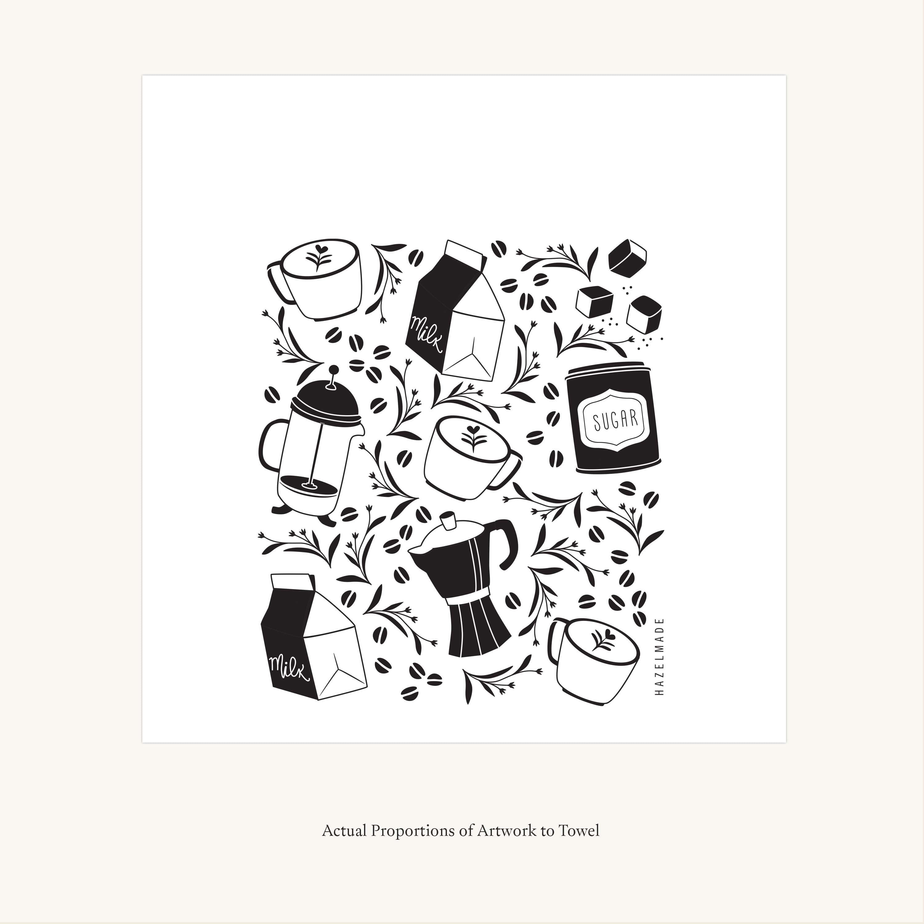 Flat view of the Coffee + Milk Tea Towel showing the full hand-illustrated coffee and milk pattern and overall design proportions