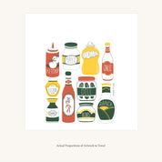 Flat view of the Classic Condiments Tea Towel showing the full hand-illustrated condiment design and overall design proportions