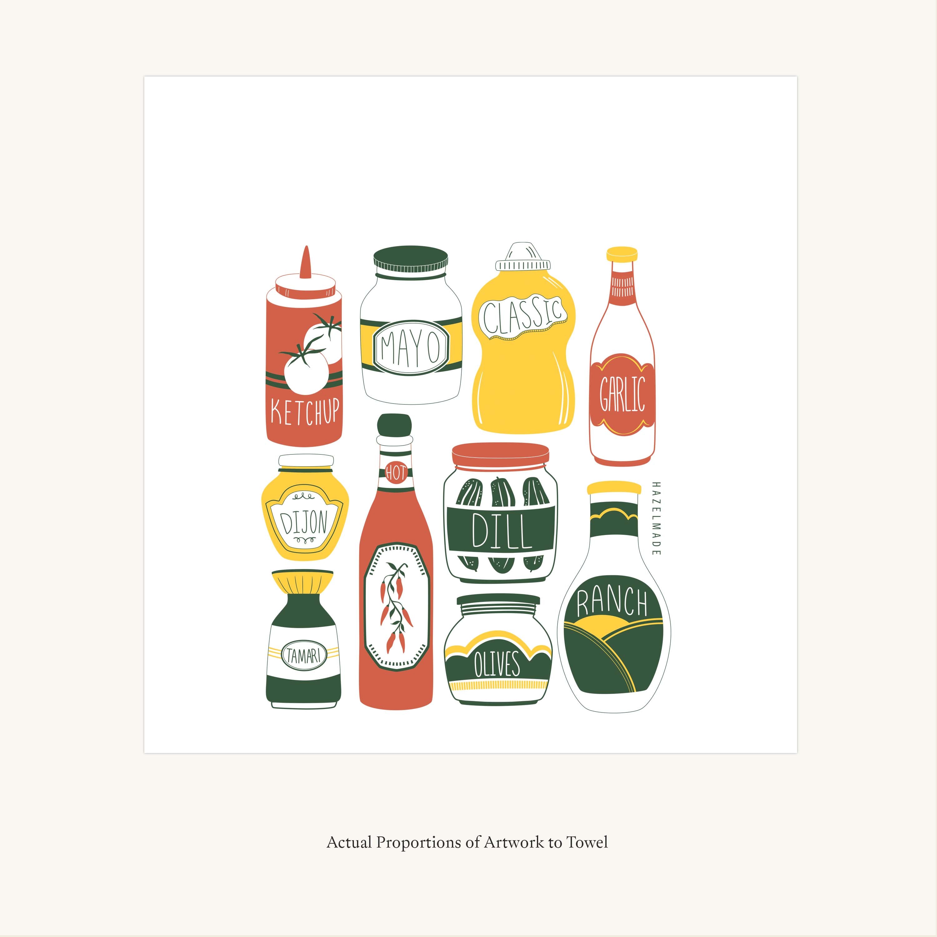 Flat view of the Classic Condiments Tea Towel showing the full hand-illustrated condiment design and overall design proportions