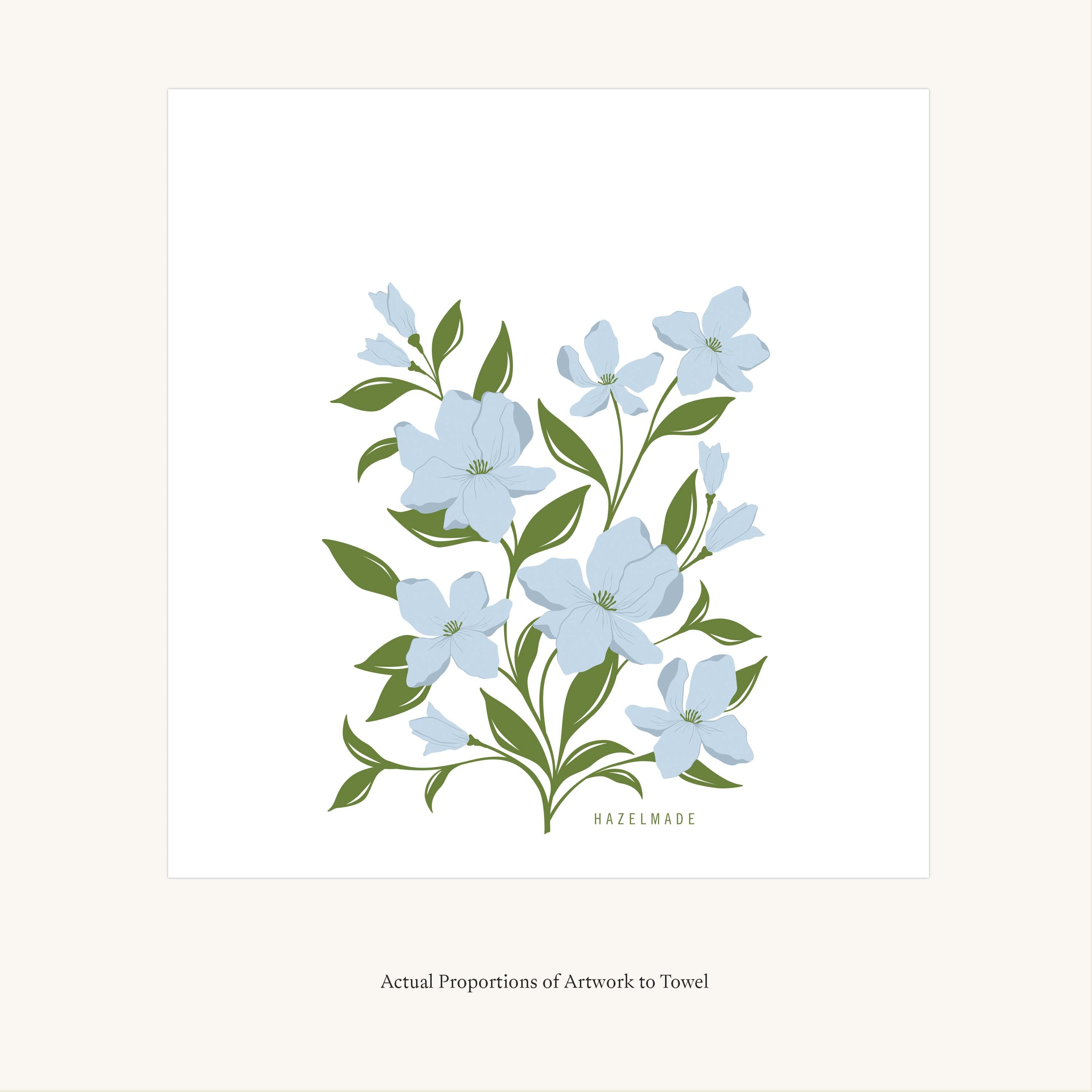 Flat view of the Dogwood Tea Towel showing the full hand-illustrated dogwood flower design and overall design proportions