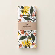 Folded Fall Florals Tea Towel with wrap band and hand-illustrated floral design