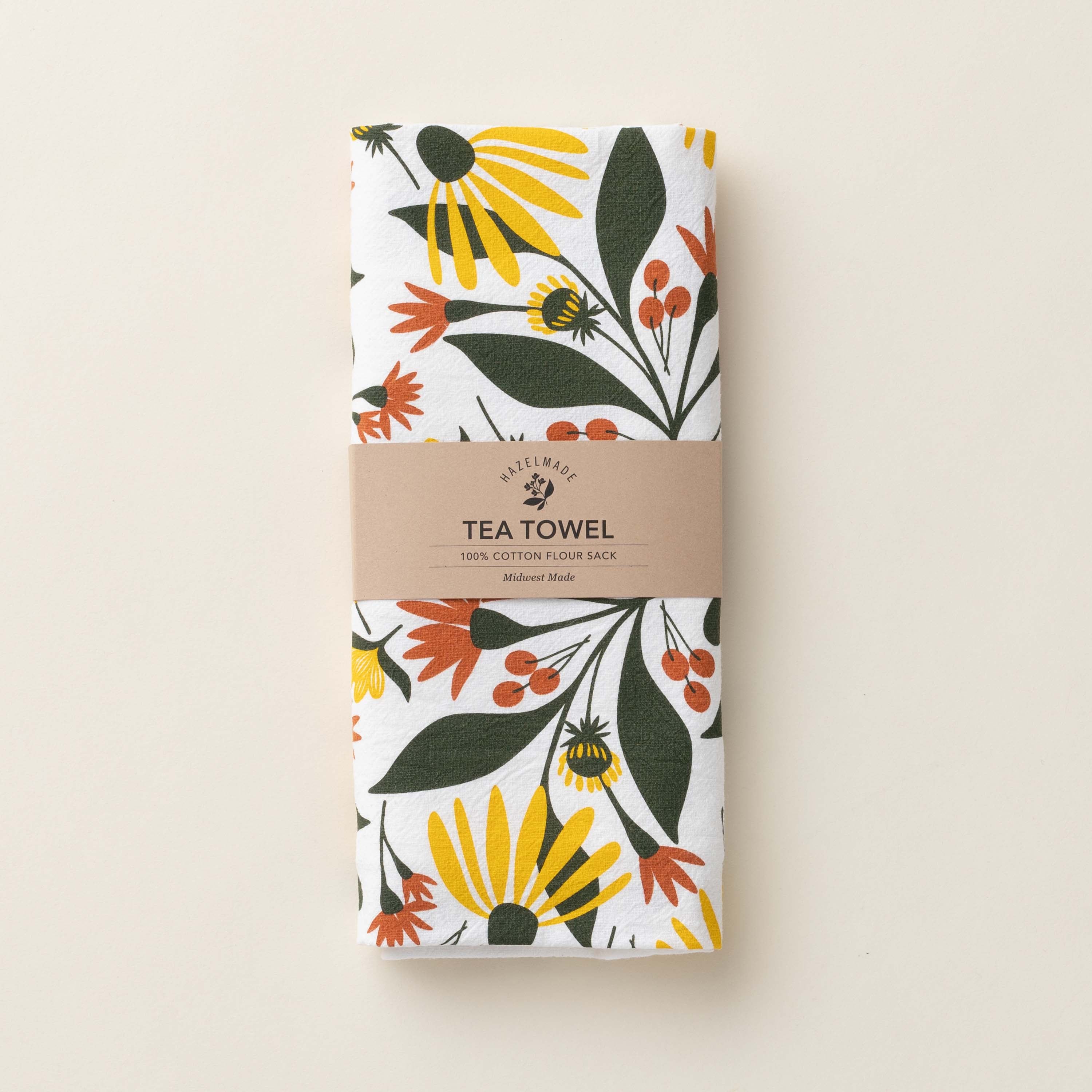 Folded Fall Florals Tea Towel with wrap band and hand-illustrated floral design
