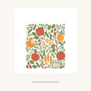 Flat view of the Orange Farmers Market Tea Towel showing the full hand-illustrated vegetable and citrus design and overall design proportions