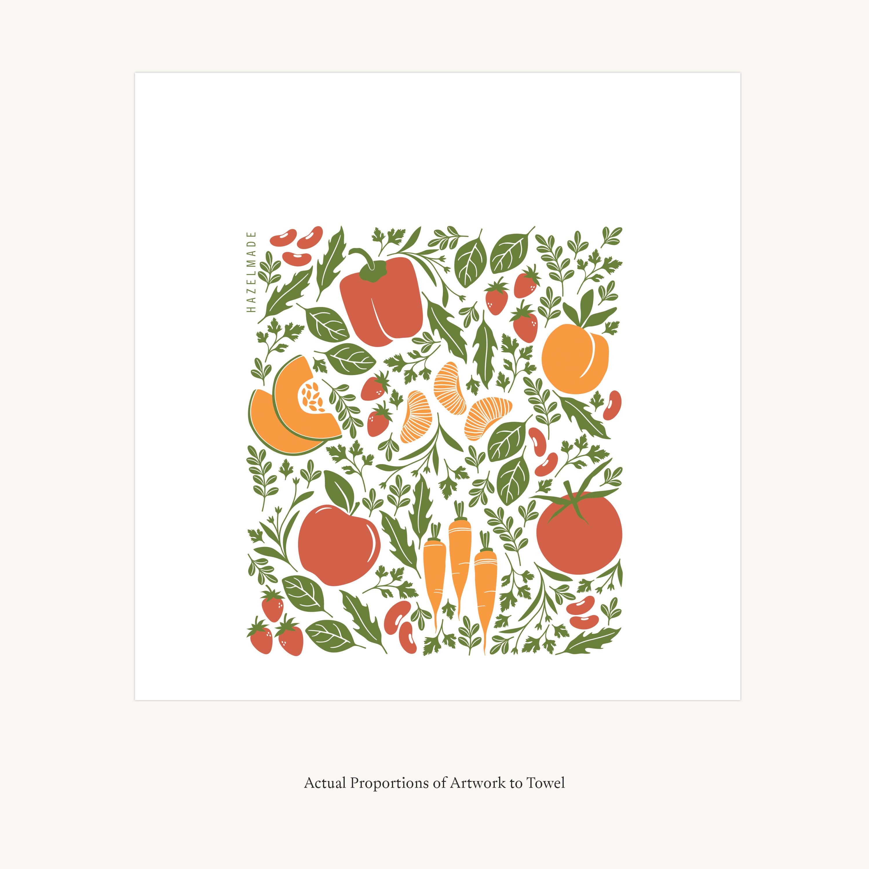 Flat view of the Orange Farmers Market Tea Towel showing the full hand-illustrated vegetable and citrus design and overall design proportions