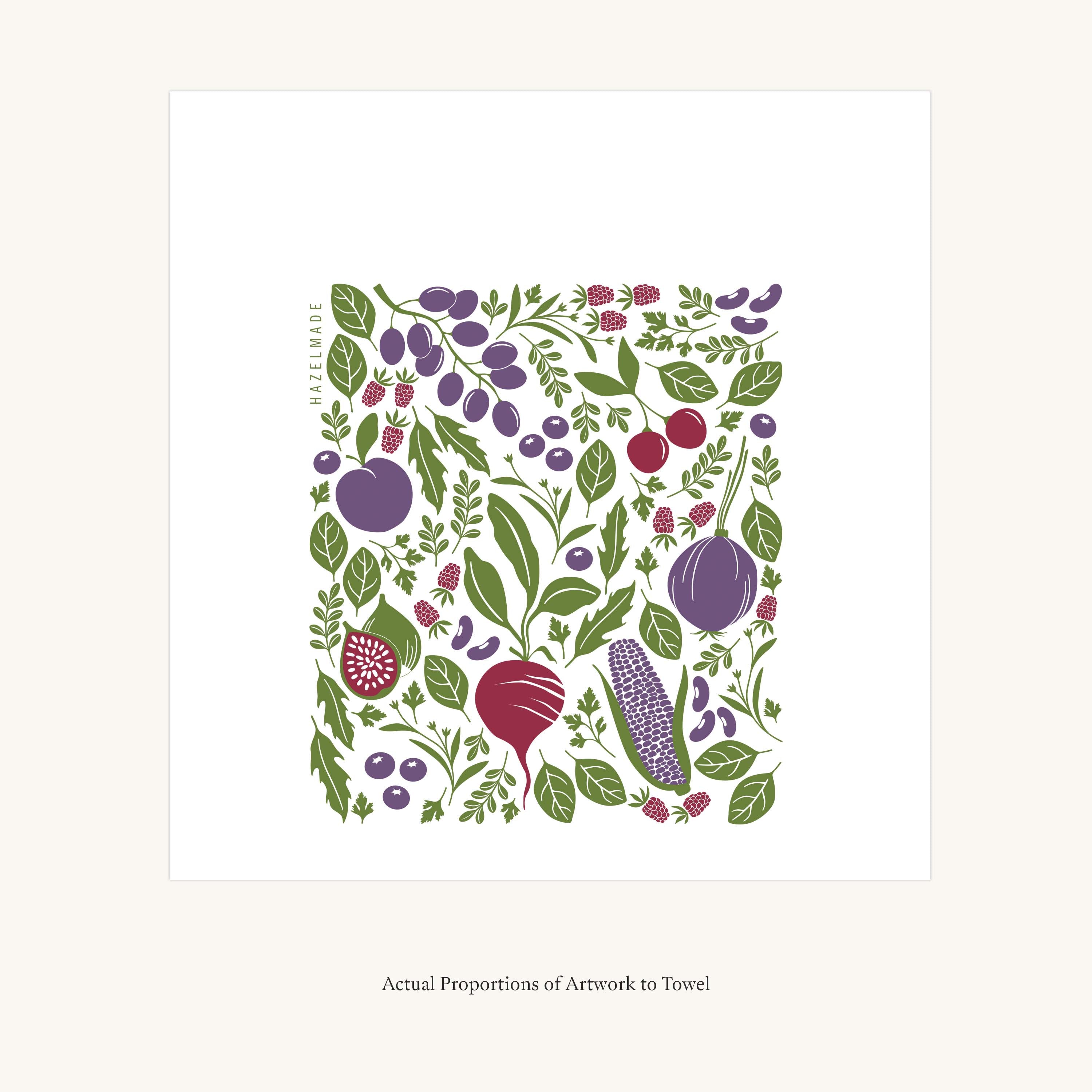 Flat view of the Purple Farmers Market Tea Towel showing the full hand-illustrated vegetable design and overall design proportions