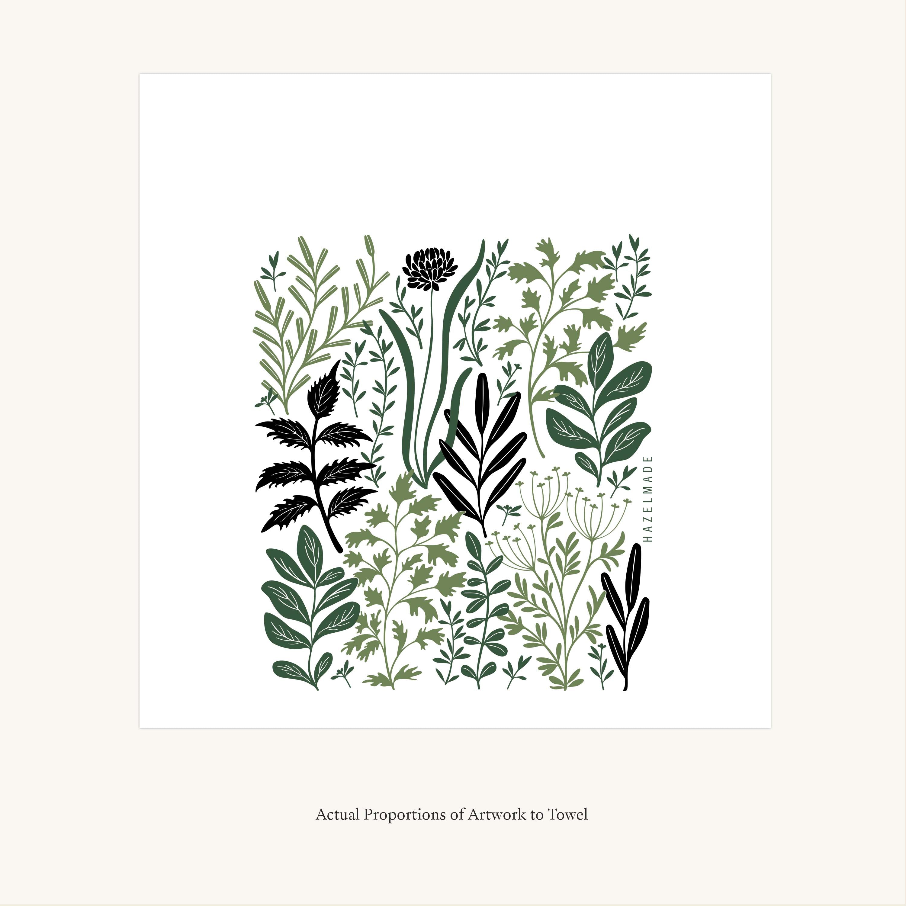 Flat view of the Fresh Herbs Tea Towel showing the full hand-illustrated herb pattern and overall design proportions