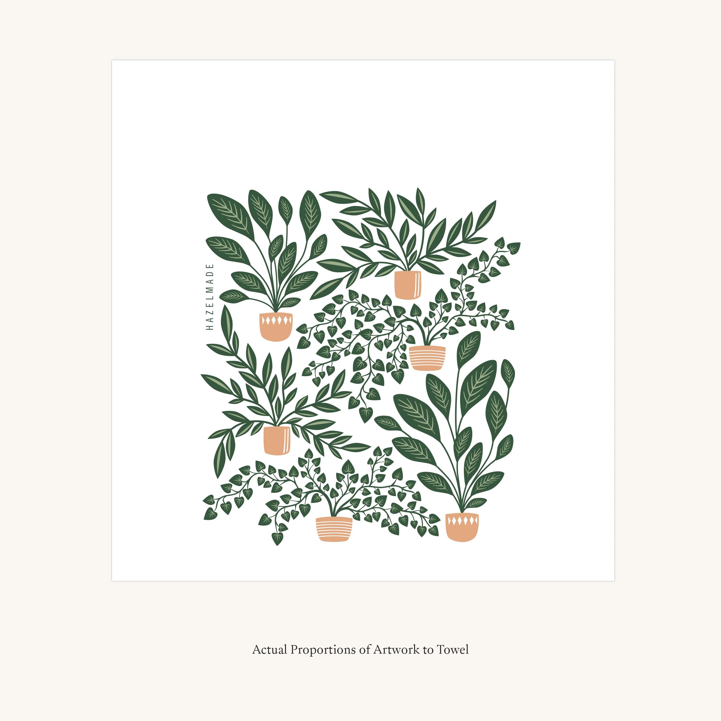 Flat view of the House Plants Tea Towel showing the full hand-illustrated house plant design and overall design proportions
