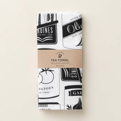 Folded Italian Market Tea Towel with wrap band and hand-illustrated Italian pantry design