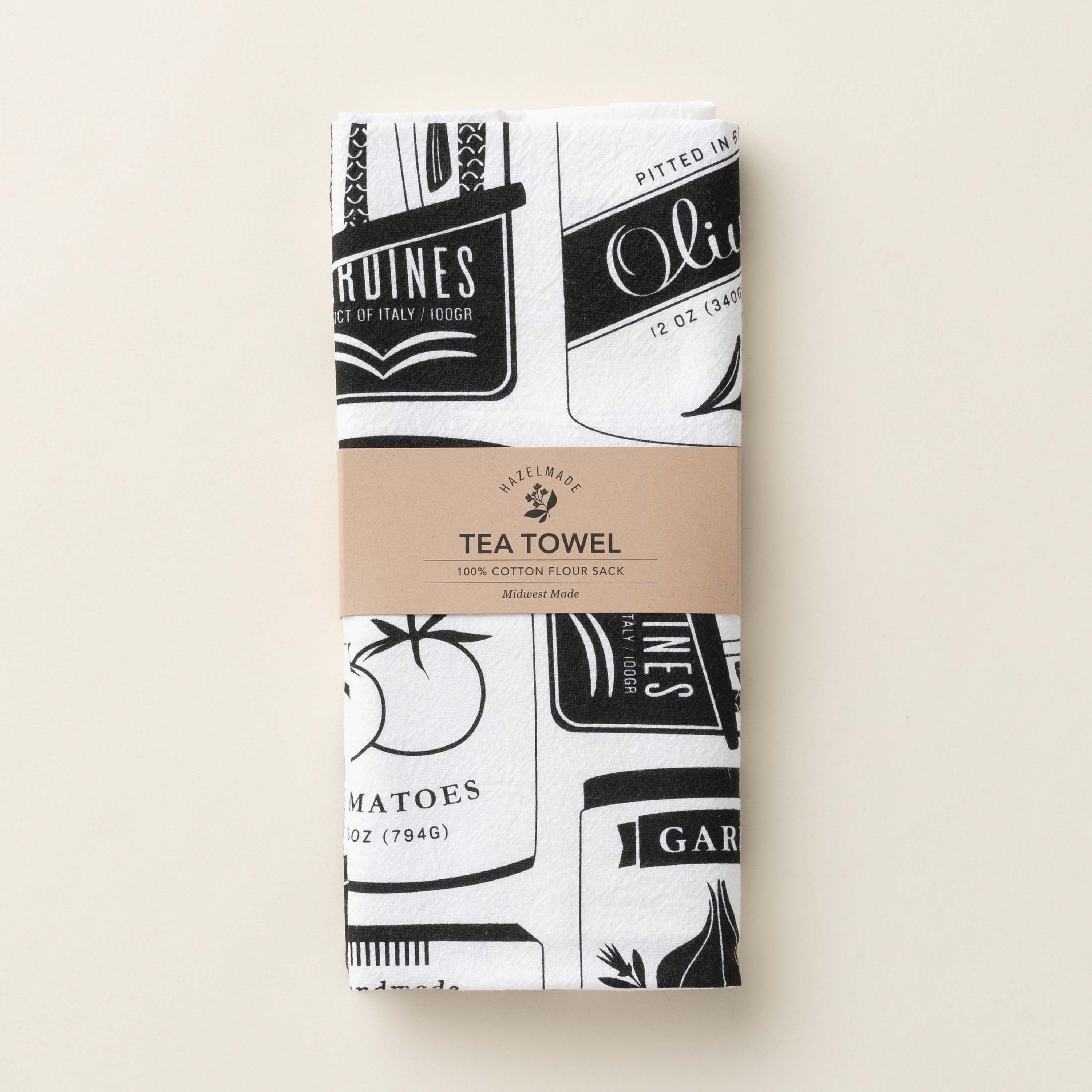 Folded Italian Market Tea Towel with wrap band and hand-illustrated Italian pantry design