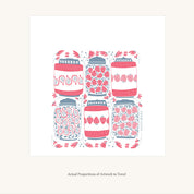 Flat view of the Jam Jars Tea Towel showing the full hand-illustrated jam jar and strawberry design and overall design proportions