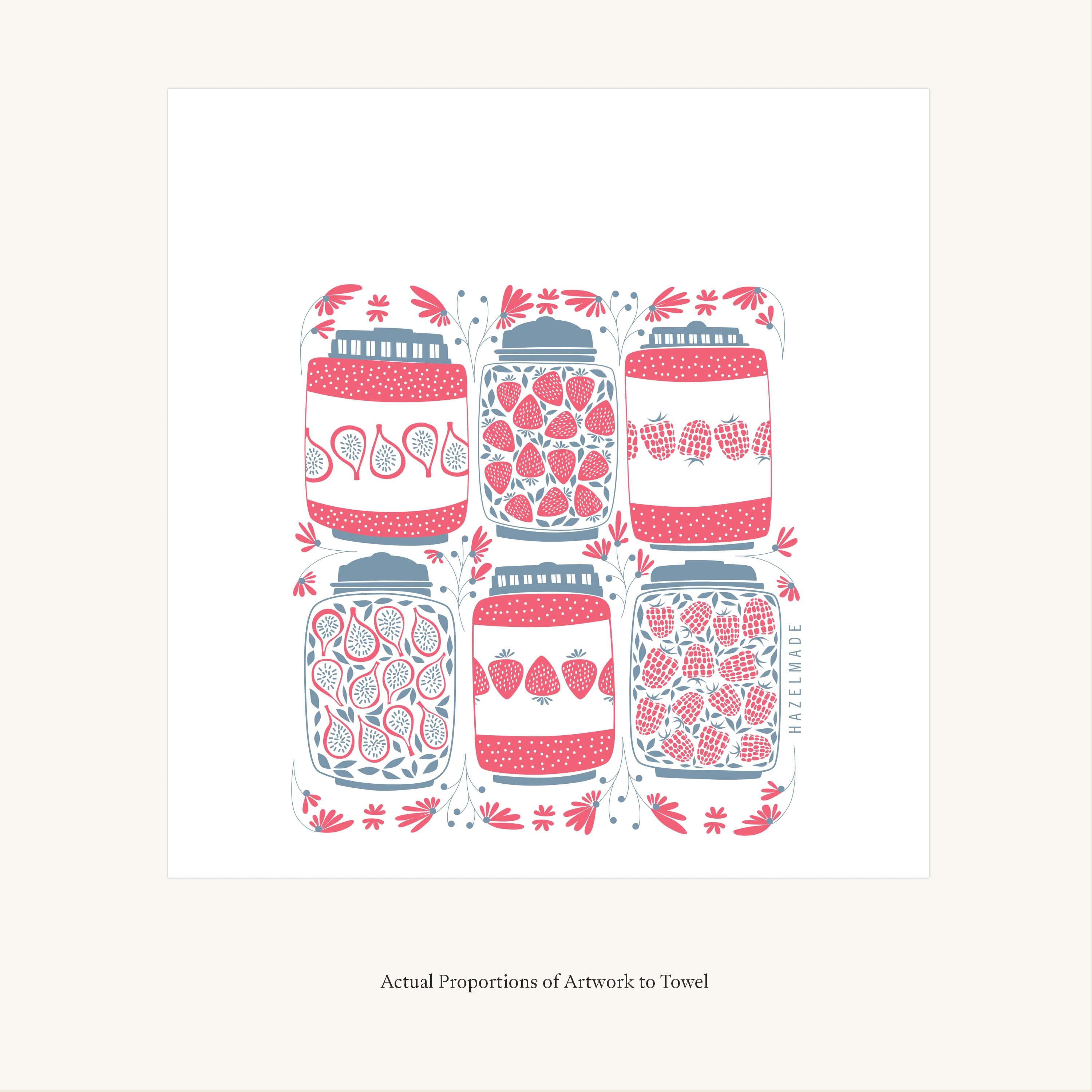 Flat view of the Jam Jars Tea Towel showing the full hand-illustrated jam jar and strawberry design and overall design proportions