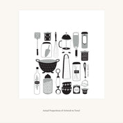 Flat view of the Kitchen Utensils Tea Towel showing the full hand-illustrated kitchen utensil design and overall design proportions