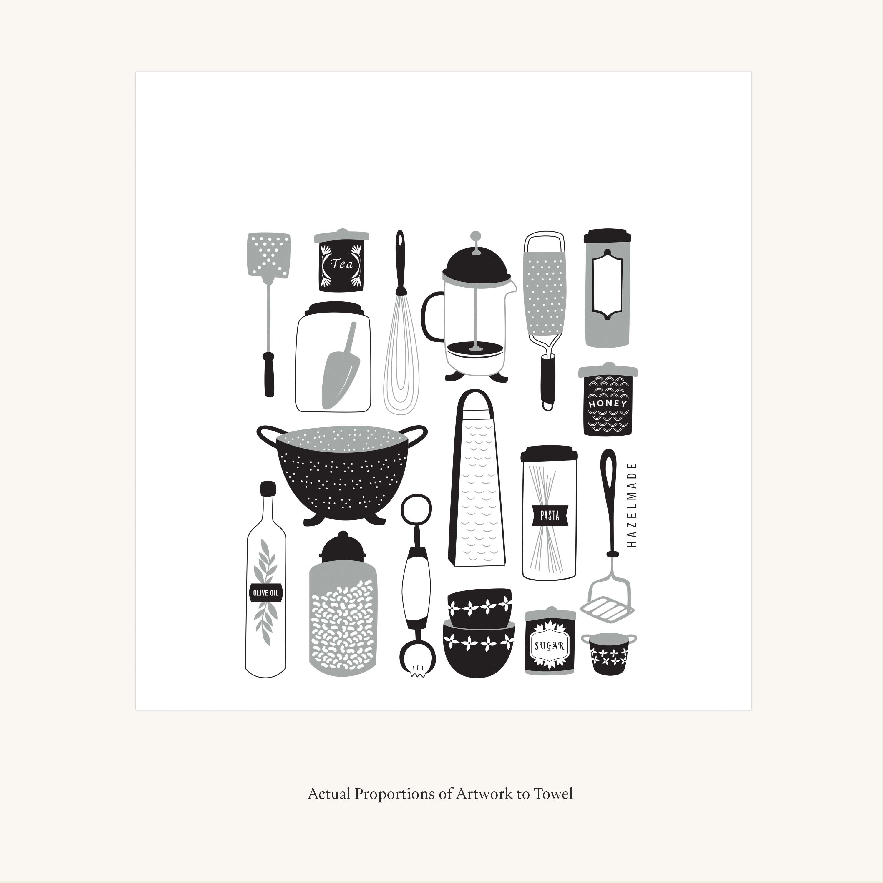 Flat view of the Kitchen Utensils Tea Towel showing the full hand-illustrated kitchen utensil design and overall design proportions