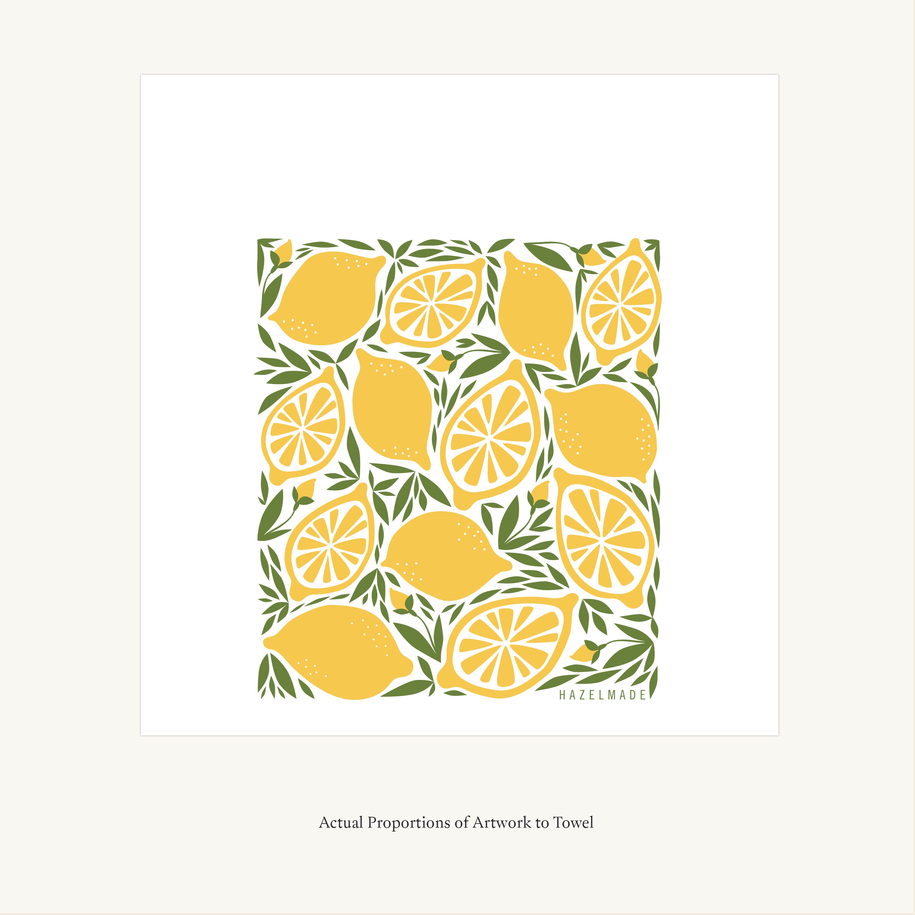 Flat view of the Lemon Tea Towel showing the full hand-illustrated lemon design and overall design proportions