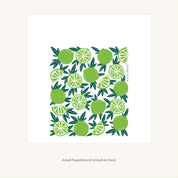 Flat view of the Limes Tea Towel showing the full hand-illustrated lime design and overall design proportions