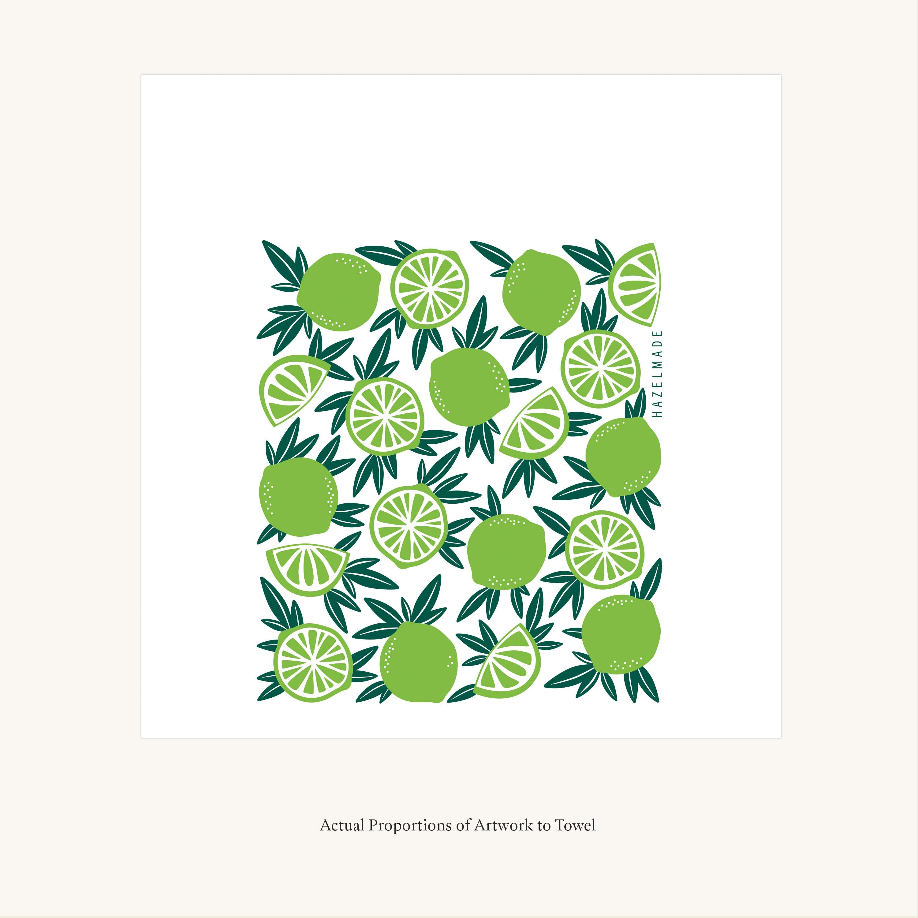 Flat view of the Limes Tea Towel showing the full hand-illustrated lime design and overall design proportions