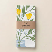 Folded Mason Jar Bouquet Tea Towel with wrap band and hand-illustrated mason jar bouquet design