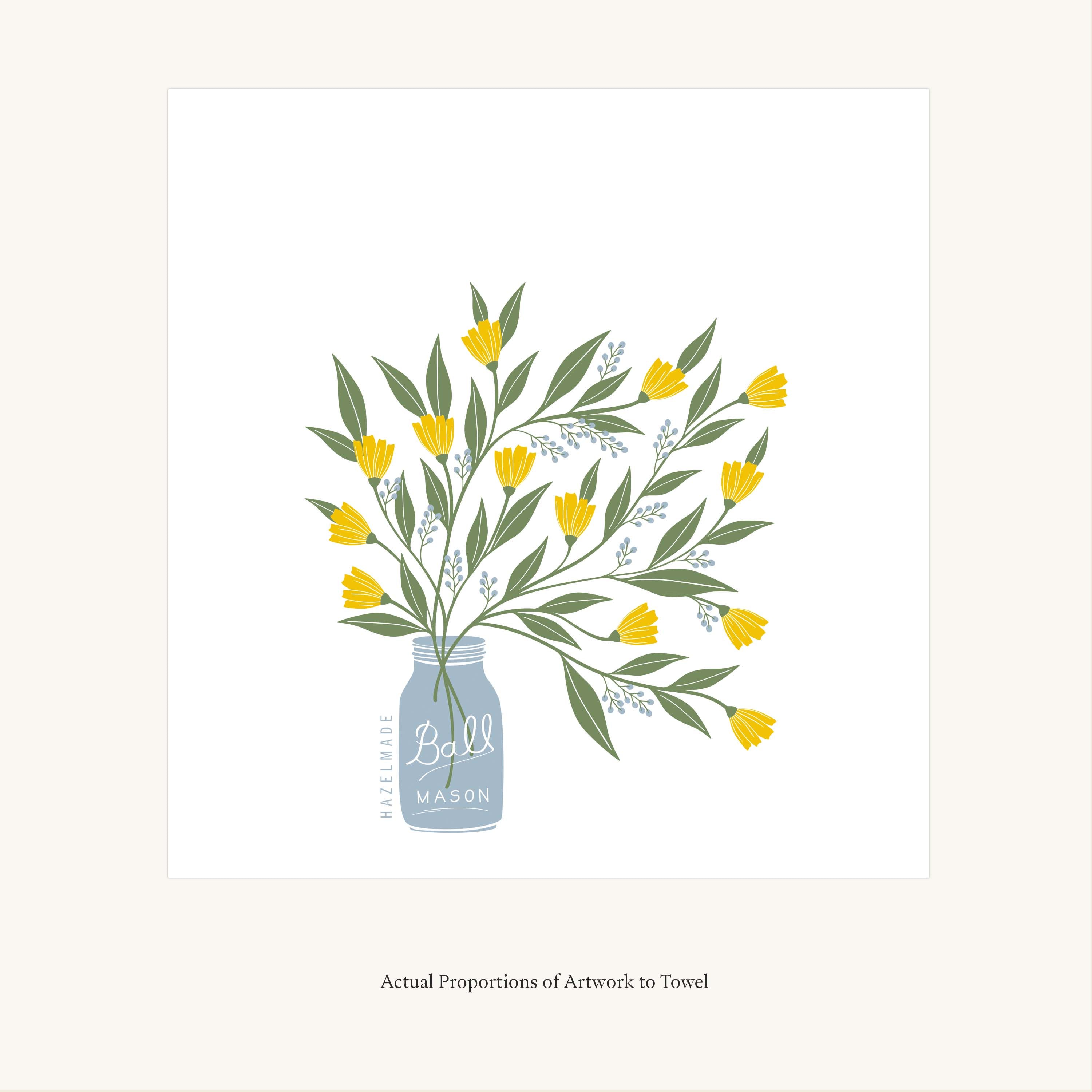 Flat view of the Mason Jar Bouquet Tea Towel showing the full hand-illustrated mason jar bouquet design and overall design proportions