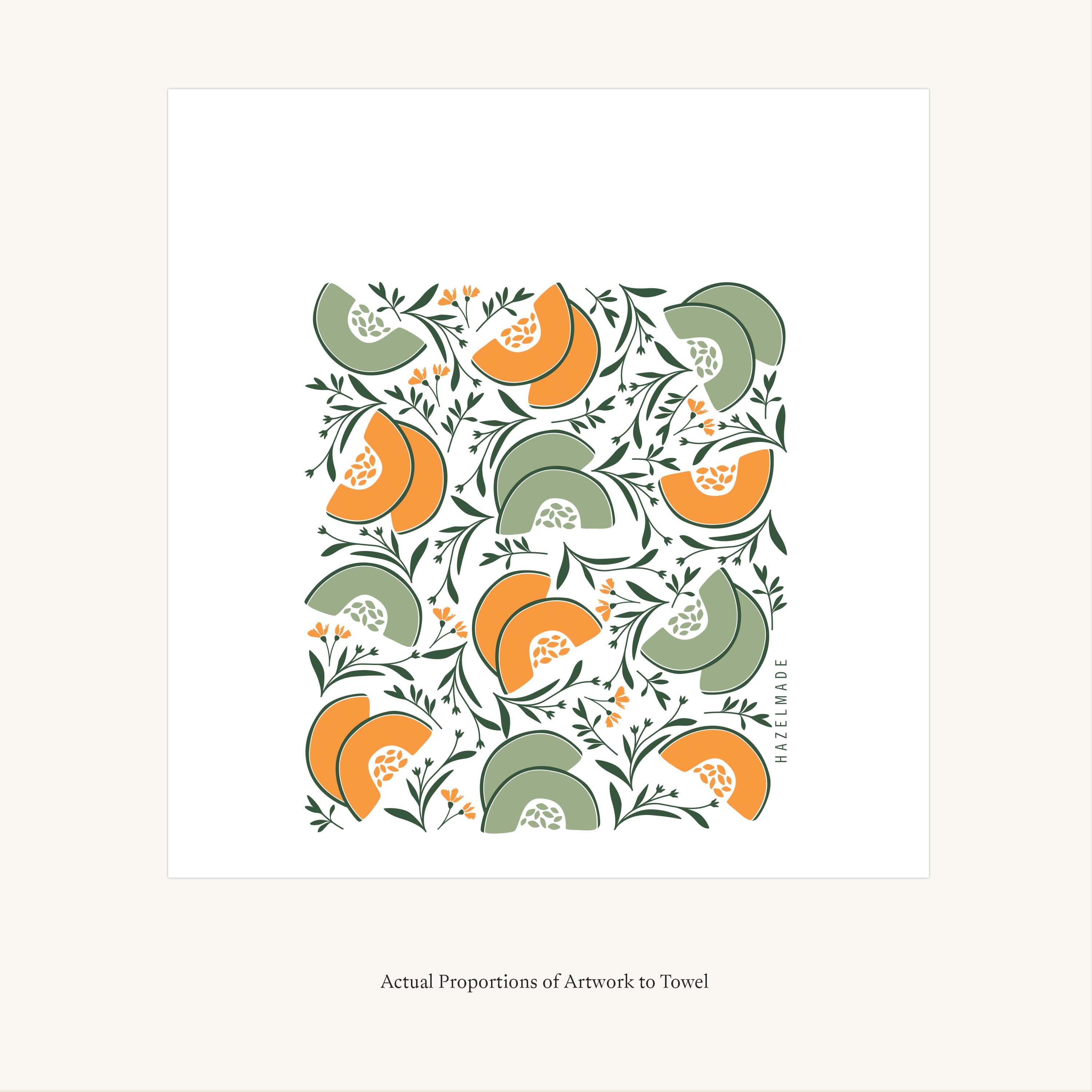 Flat view of the Cantaloupe + Honeydew Tea Towel showing the full hand-illustrated melon pattern and overall design proportions