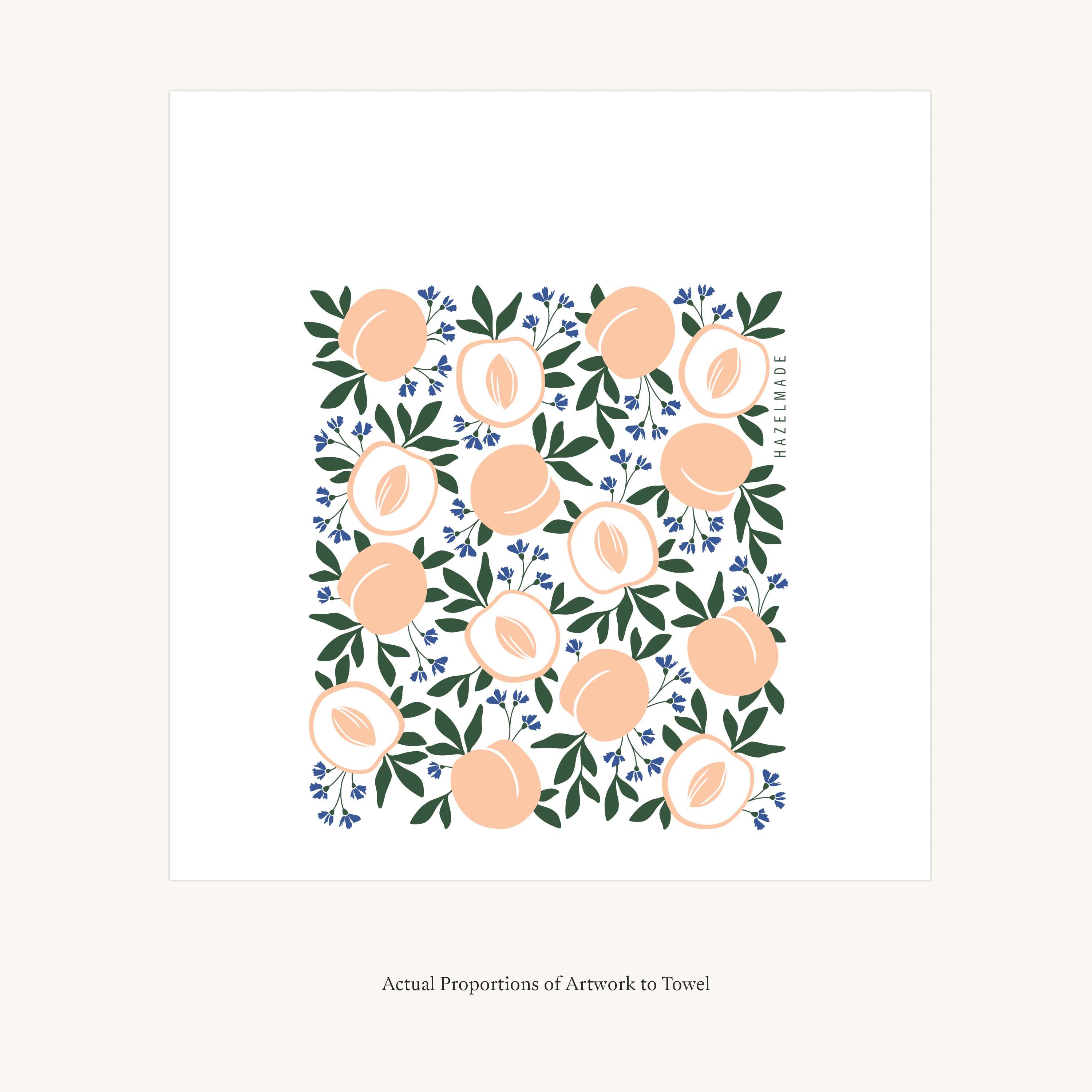 Flat view of the Peaches Tea Towel showing the full hand-illustrated peach design and overall design proportions