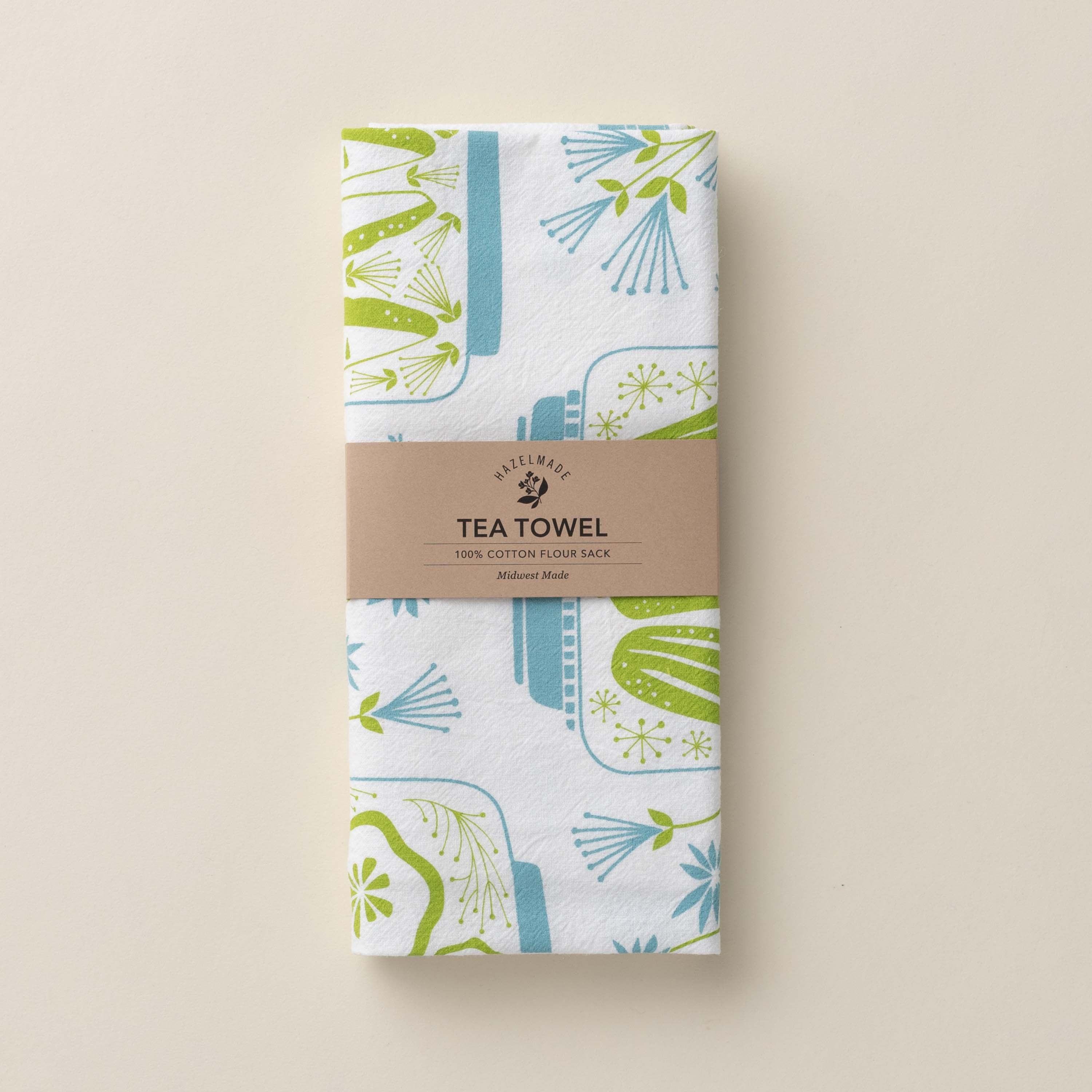 Folded Pickles + Petals Tea Towel with wrap band and hand-illustrated pickle jar and floral design