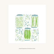 Flat view of the Pickles + Petals Tea Towel showing the full hand-illustrated pickle jar and floral design and overall design proportions