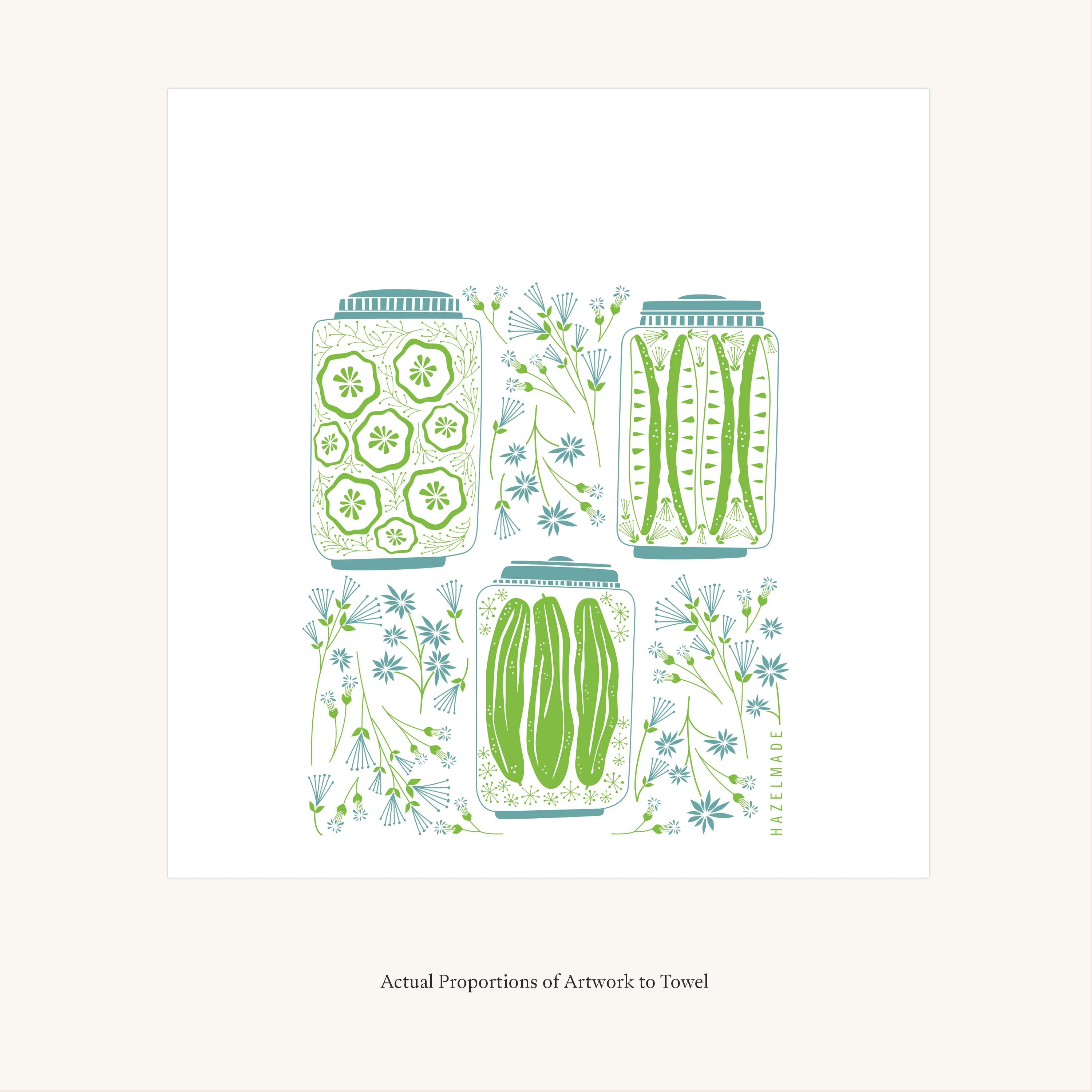 Flat view of the Pickles + Petals Tea Towel showing the full hand-illustrated pickle jar and floral design and overall design proportions