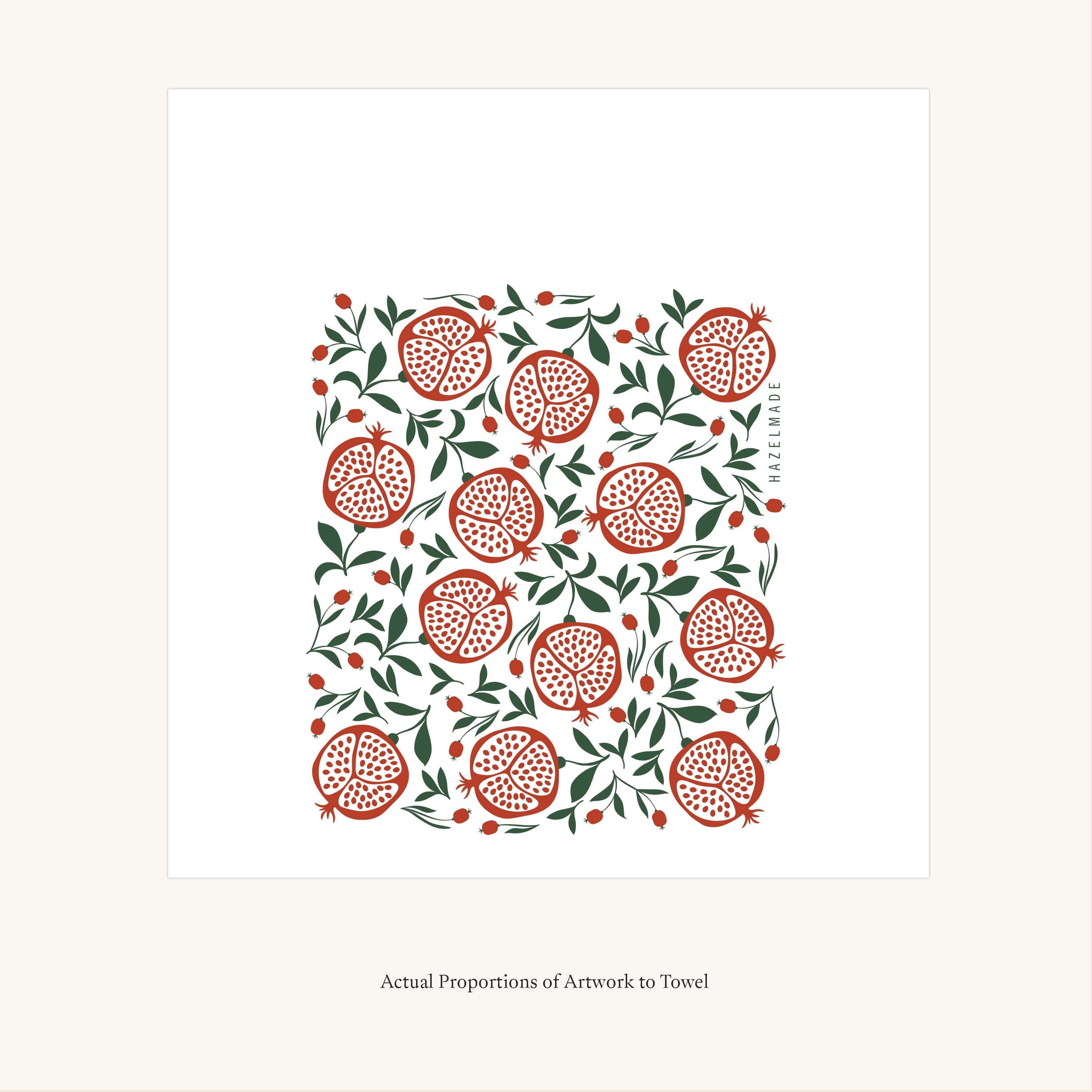 Flat view of the Pomegranates Tea Towel showing the full hand-illustrated pomegranate design and overall design proportions