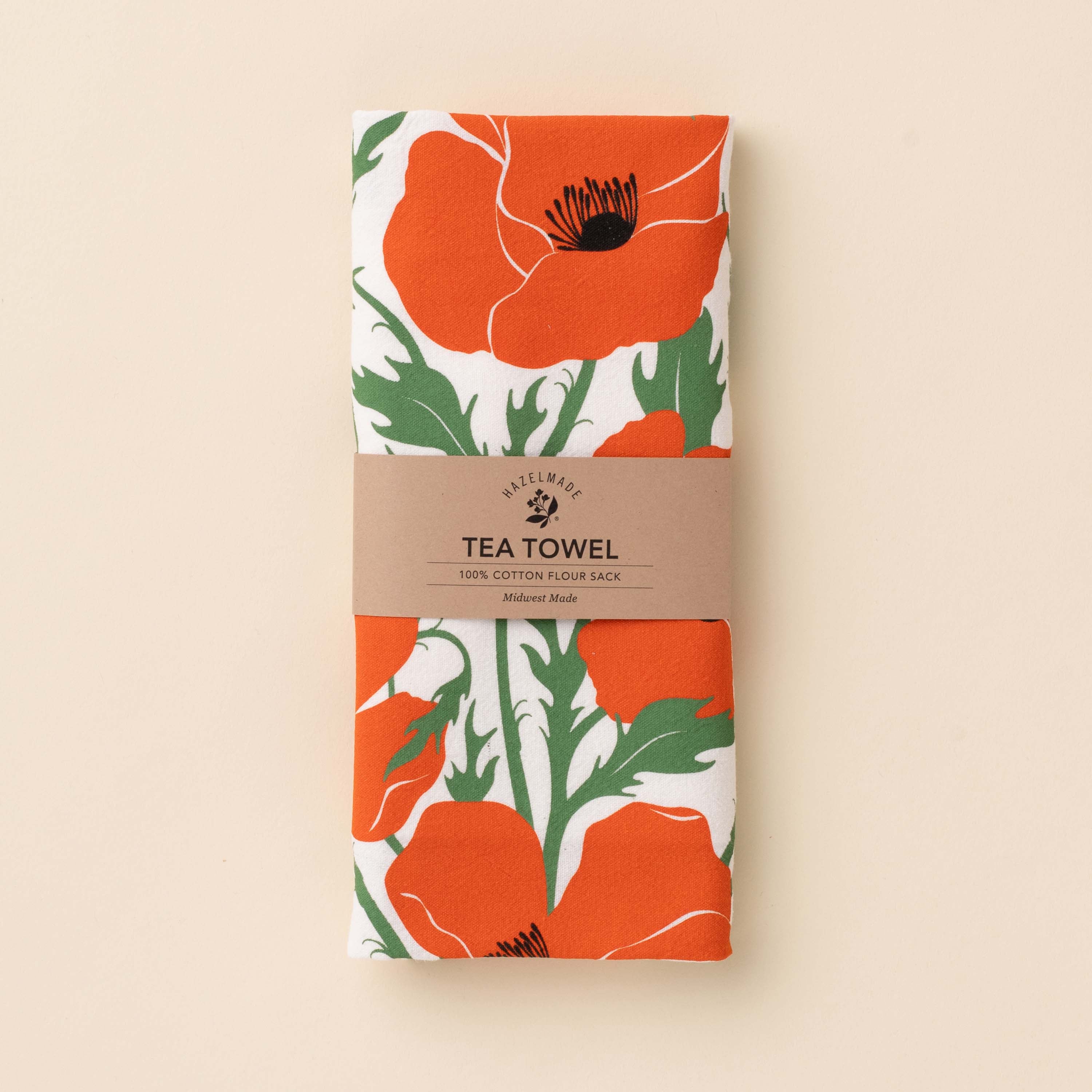 Folded Poppies Tea Towel with wrap band and hand-illustrated poppy design