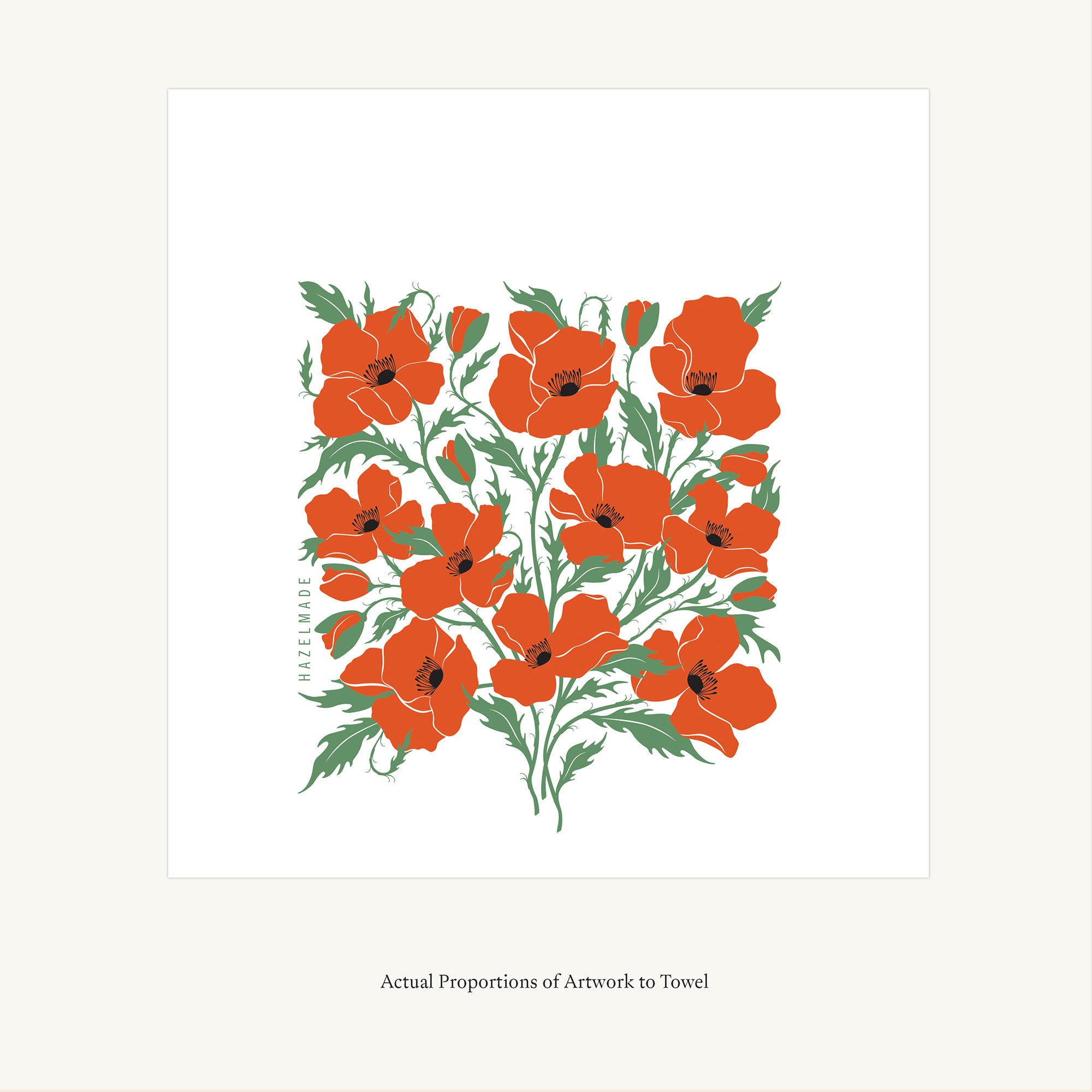 Flat view of the Poppies Tea Towel showing the full hand-illustrated poppy design and overall design proportions