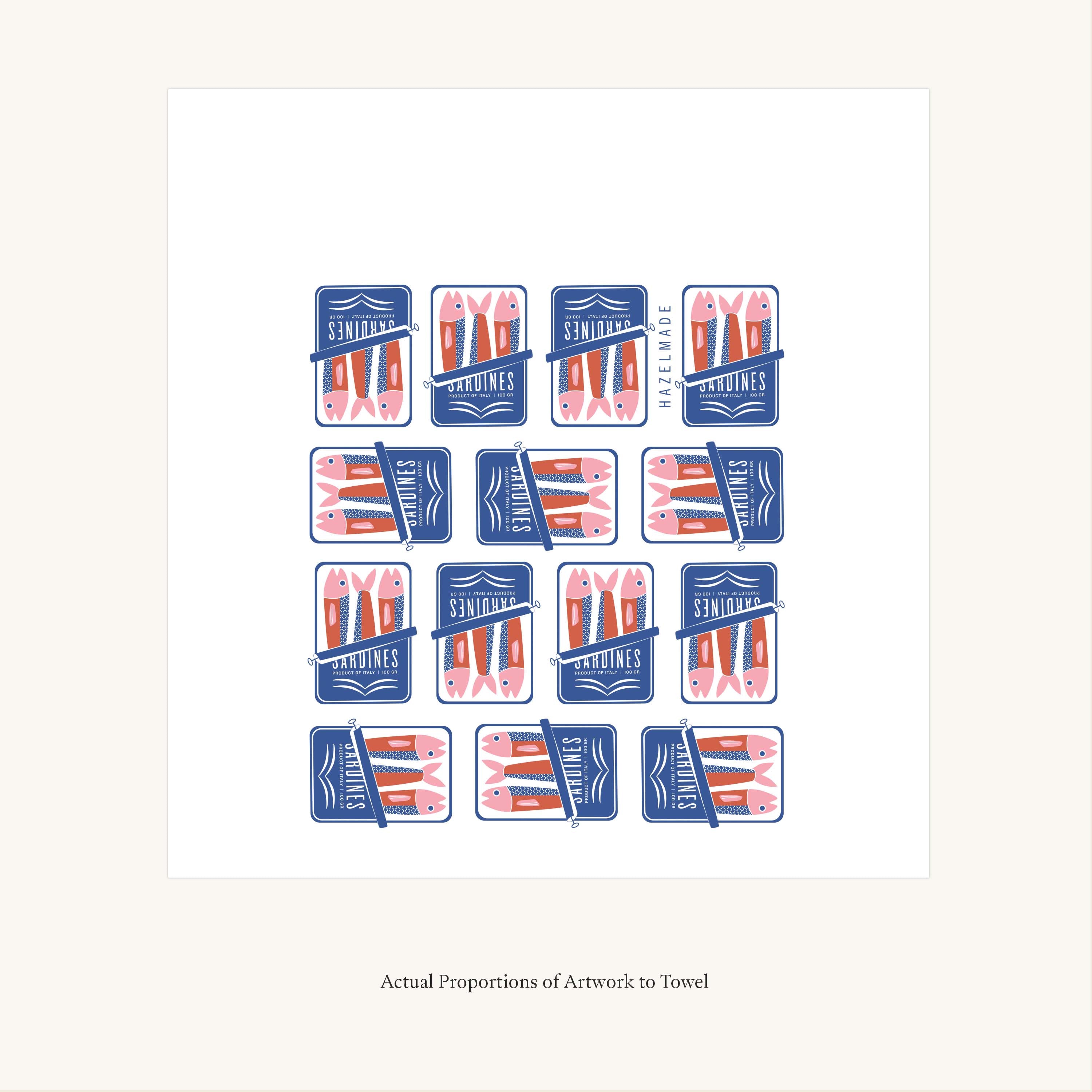 Flat view of the Sardines Tea Towel showing the full hand-illustrated sardine tin design and overall design proportions