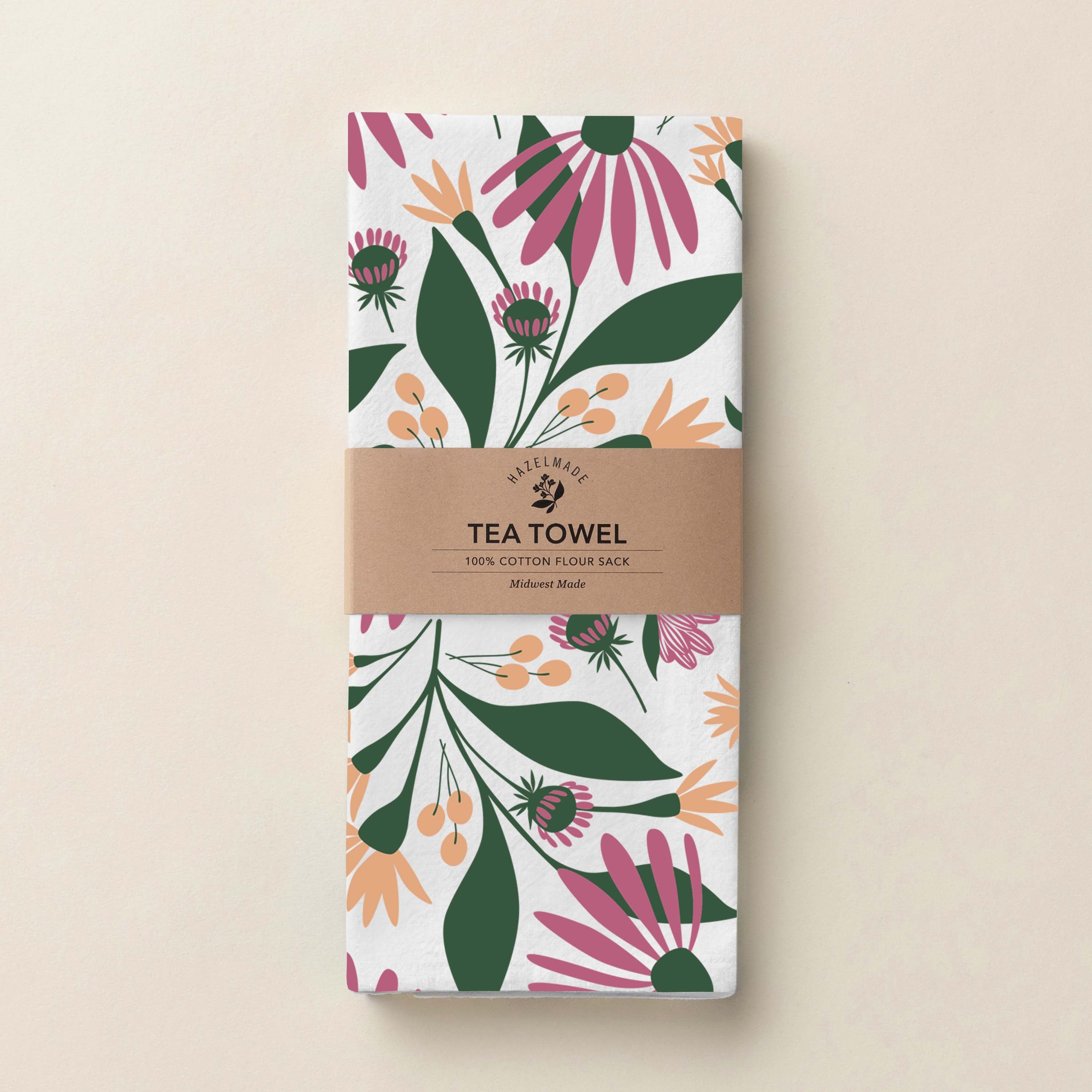 Folded Spring Florals Tea Towel with wrap band and hand-illustrated floral pattern