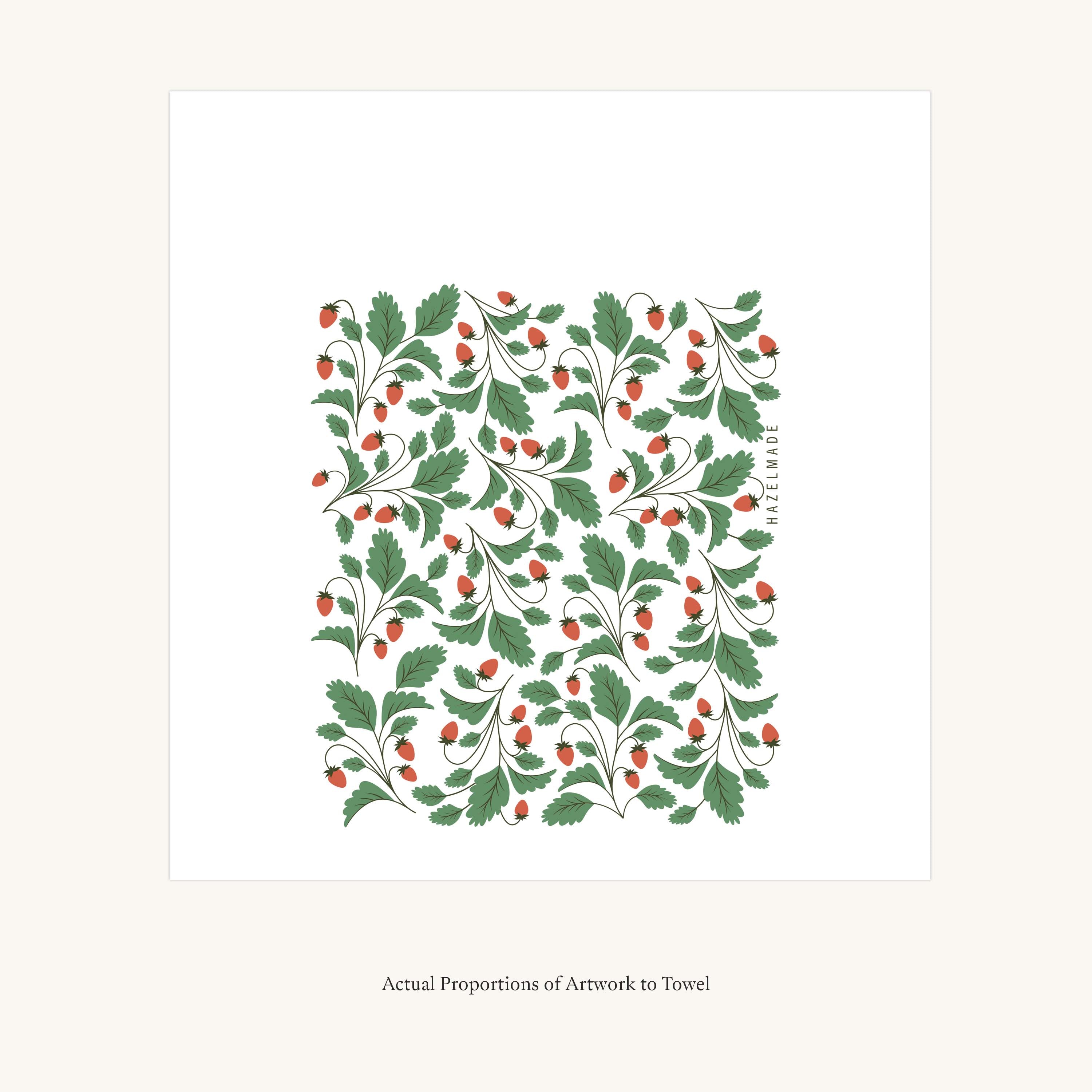 Flat view of the Wild Strawberries Tea Towel showing the full hand-illustrated wild strawberry design and overall design proportions