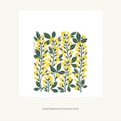 Flat view of the Sundrops Tea Towel showing the full hand-illustrated yellow floral design and overall design proportions
