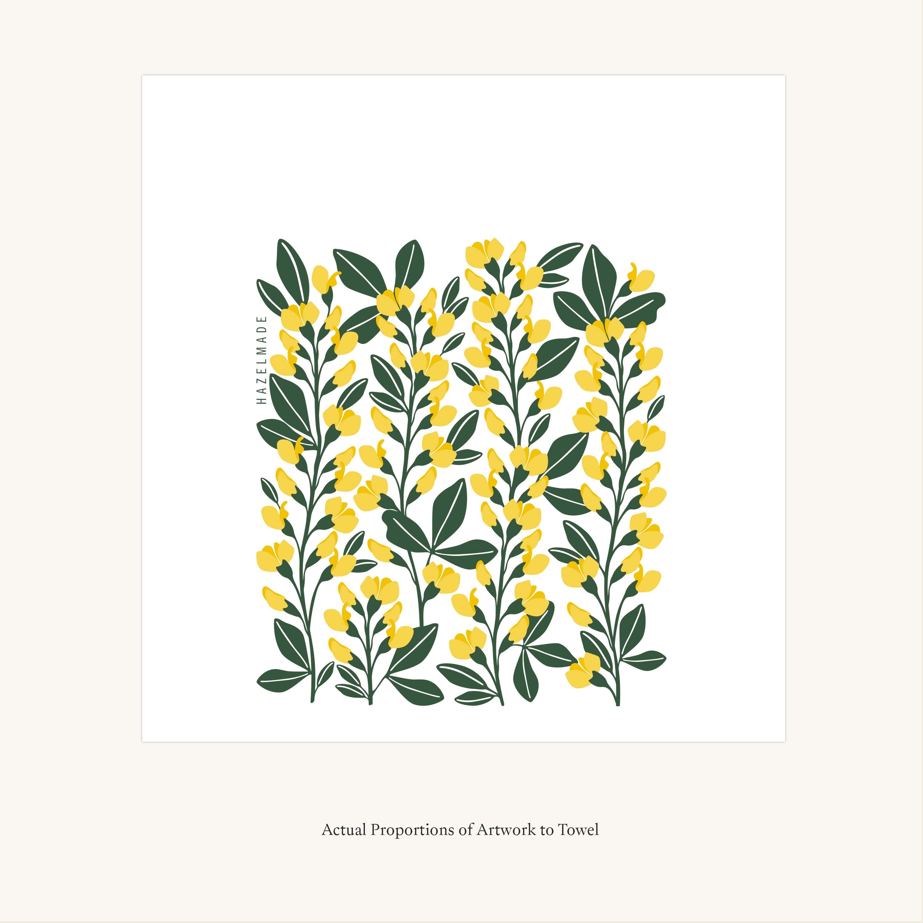 Flat view of the Sundrops Tea Towel showing the full hand-illustrated yellow floral design and overall design proportions