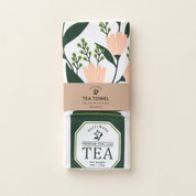 Folded Tea Tin Bouquet Tea Towel with wrap band and hand-illustrated floral tea tin design