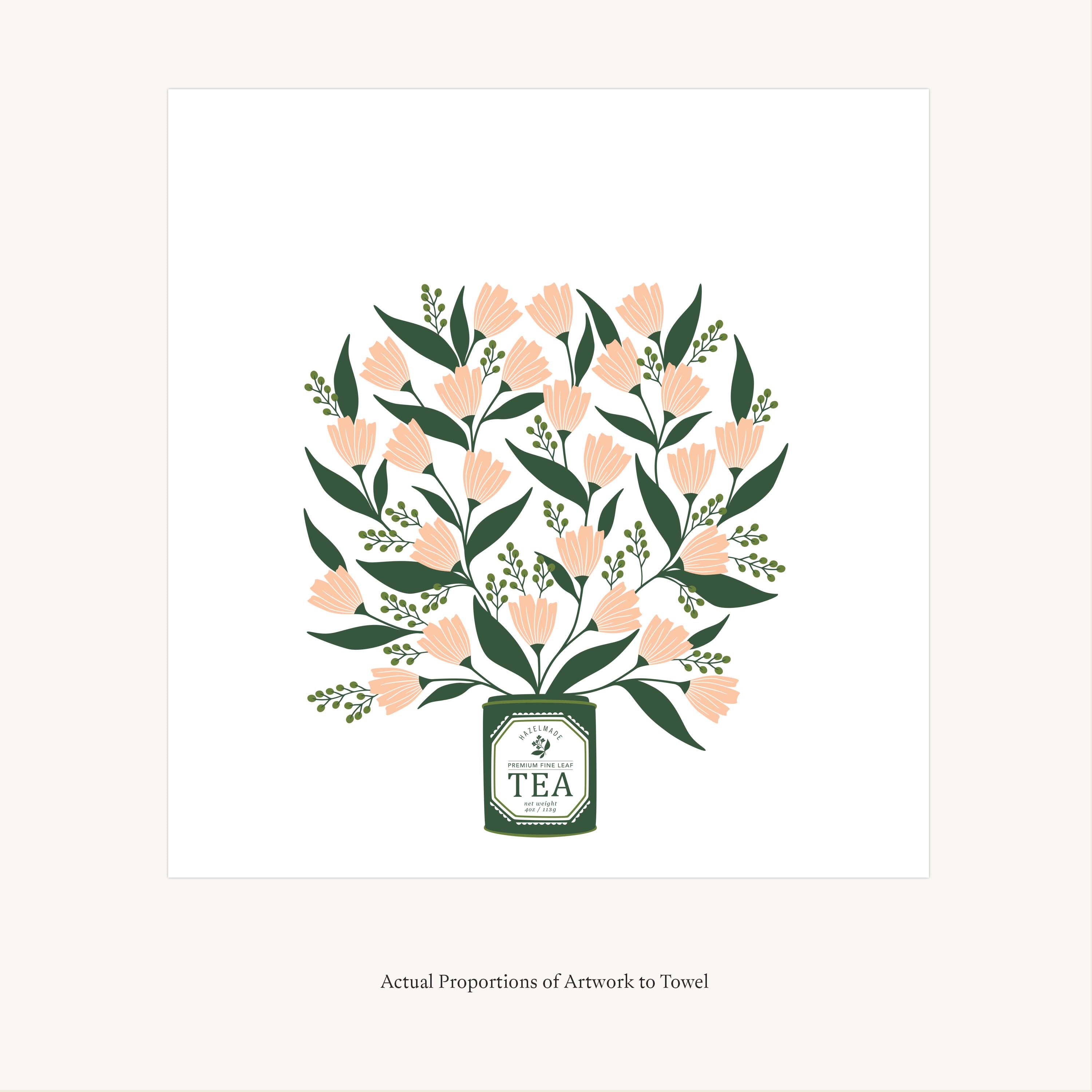 Flat view of the Tea Tin Bouquet Tea Towel showing the full hand-illustrated floral tea tin design and overall design proportions