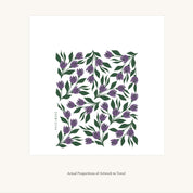 Flat view of the Tulips Tea Towel showing the full hand-illustrated purple tulip design and overall design proportions