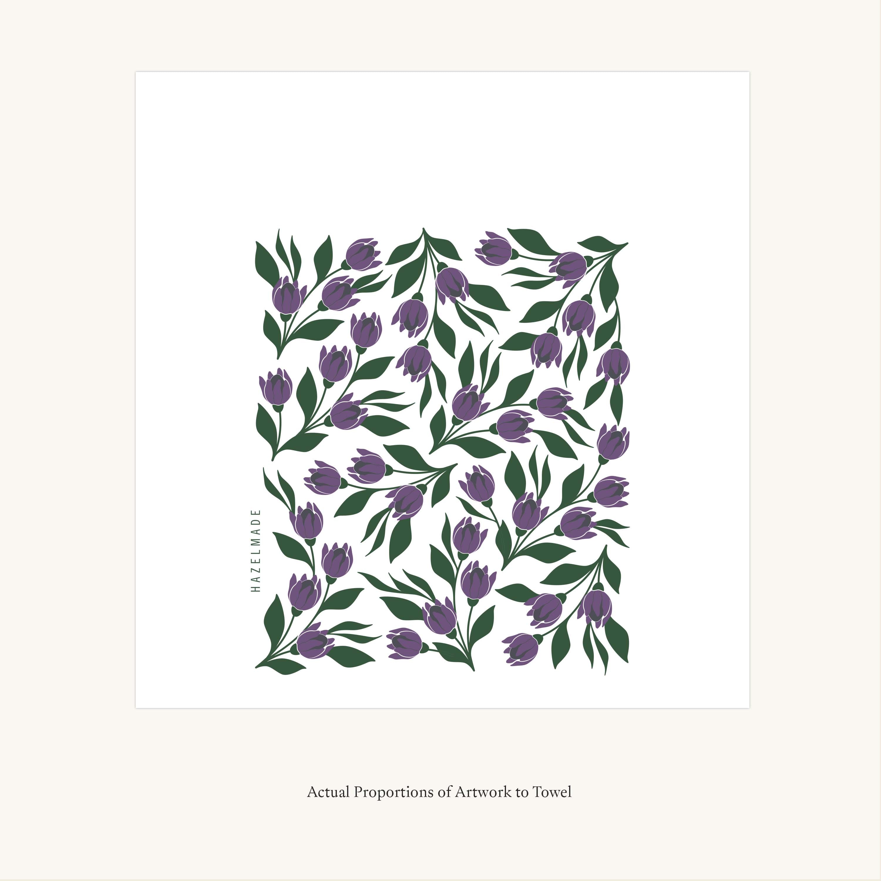 Flat view of the Tulips Tea Towel showing the full hand-illustrated purple tulip design and overall design proportions