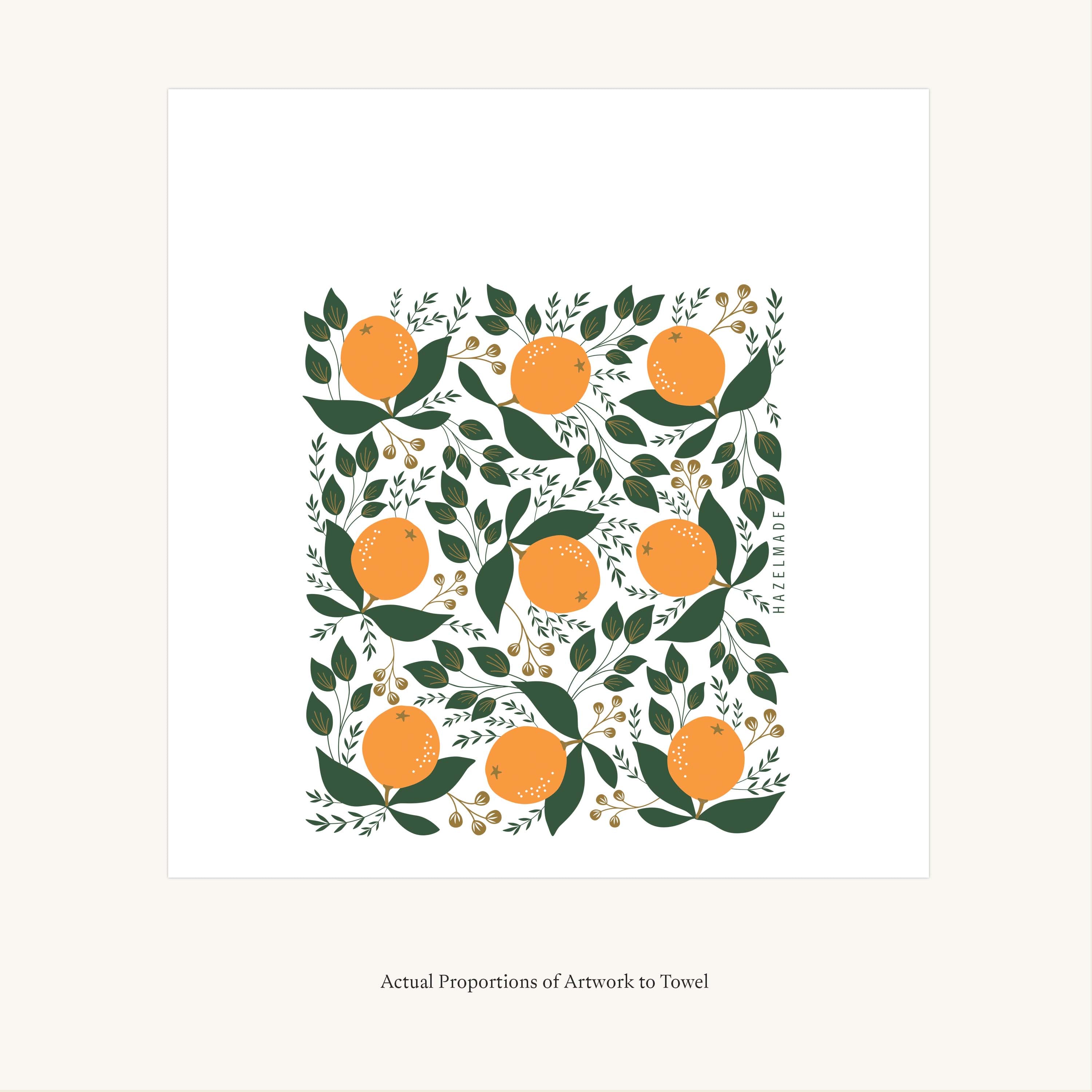 Flat view of the Winter Citrus Tea Towel showing the full hand-illustrated citrus design and overall design proportions